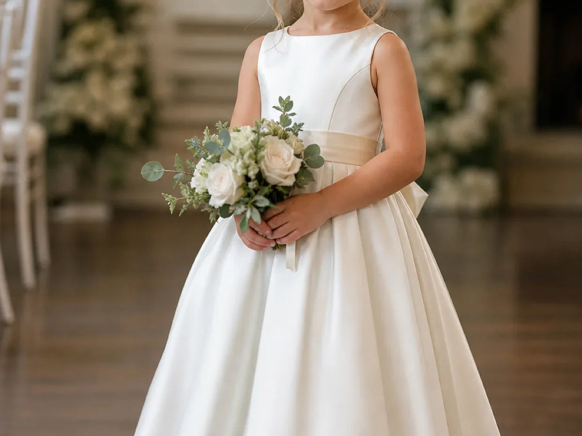 Flower girl in an ivory satin flower girl dress holding a bouquet at an indoor wedding