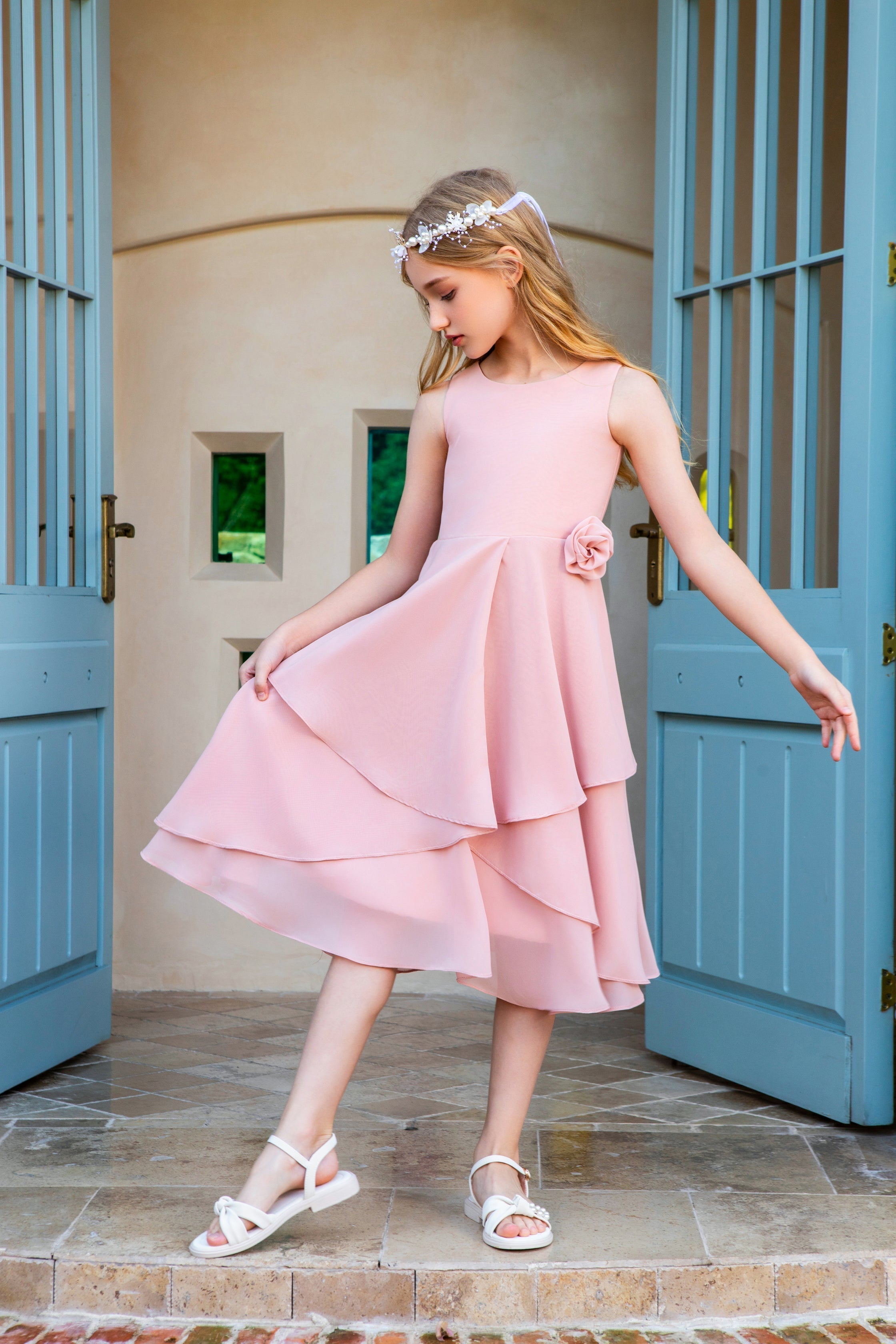 Elegant Ruffle Chiffon Flower Girl Gown Dress