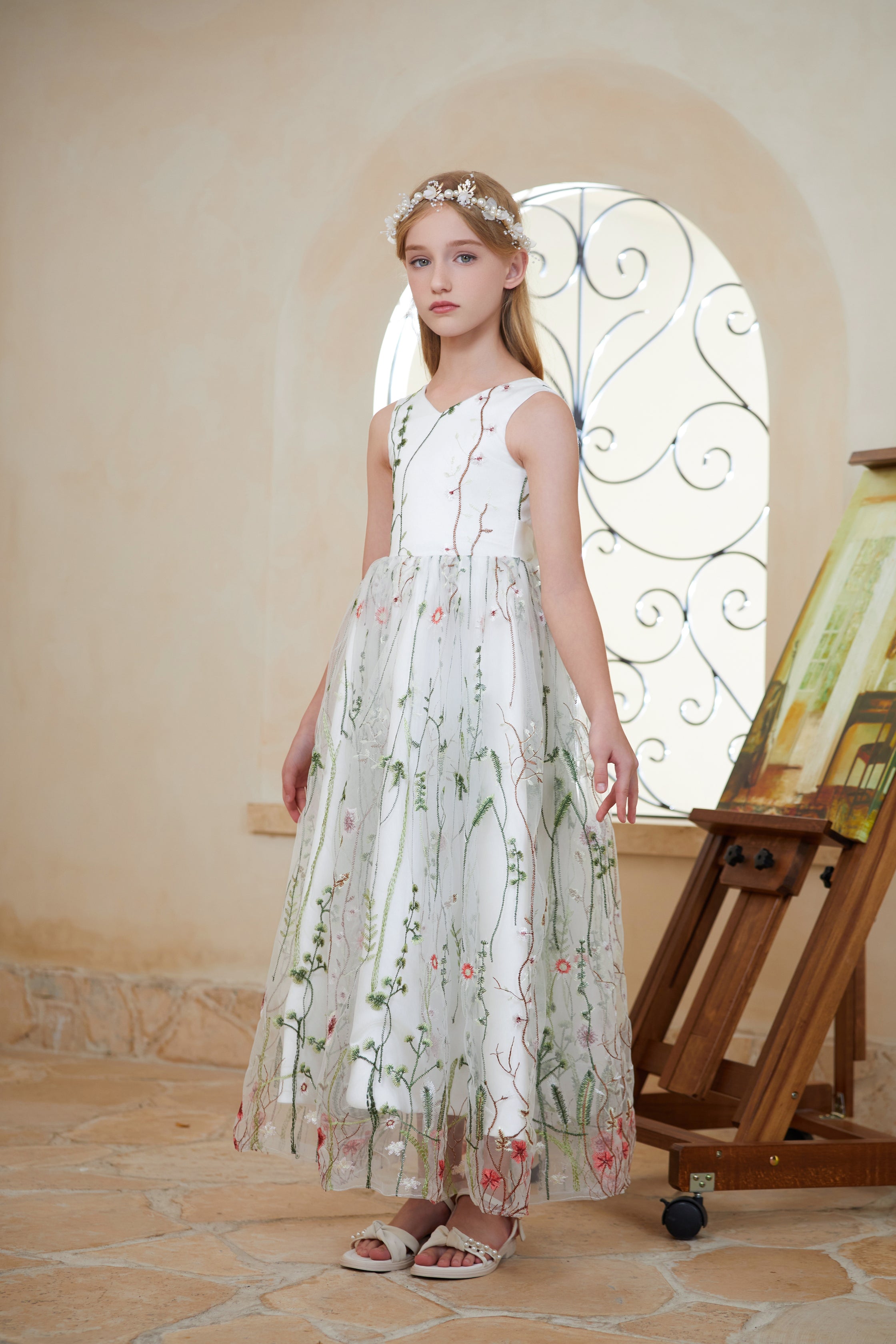 Floral Diamond White A-Line Lace Tulle Dress