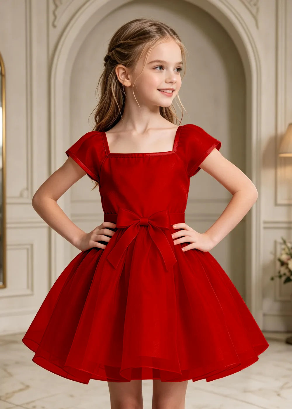 Square Neck Bow Waist Satin Party Dress for Girls
