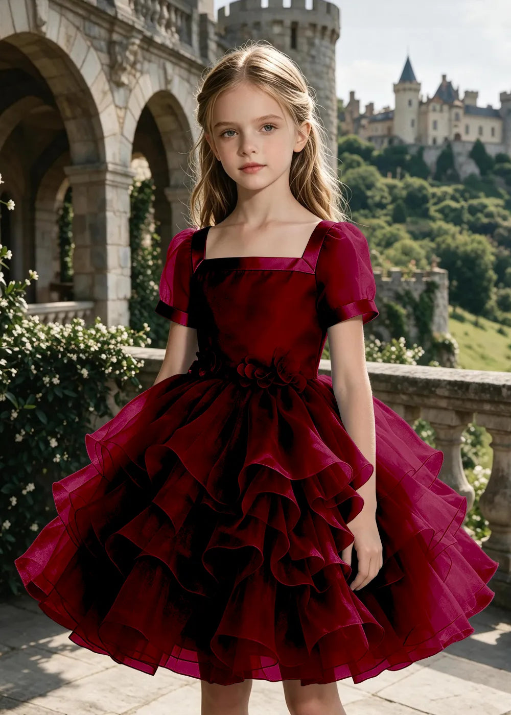 3D Floral Ruffle Tulle Party Dress for Girls