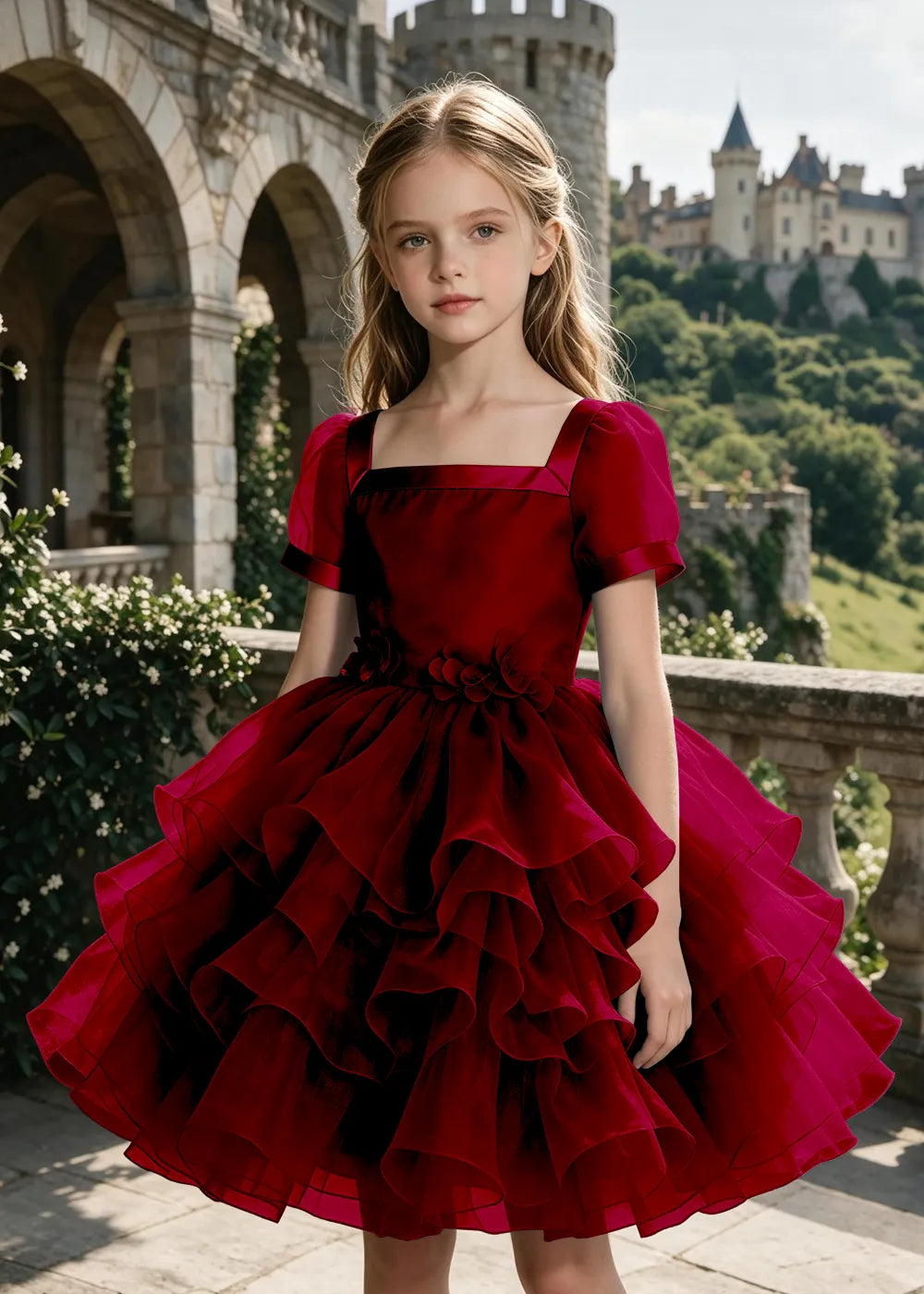 3D Floral Ruffle Tulle Party Dress for Girls
