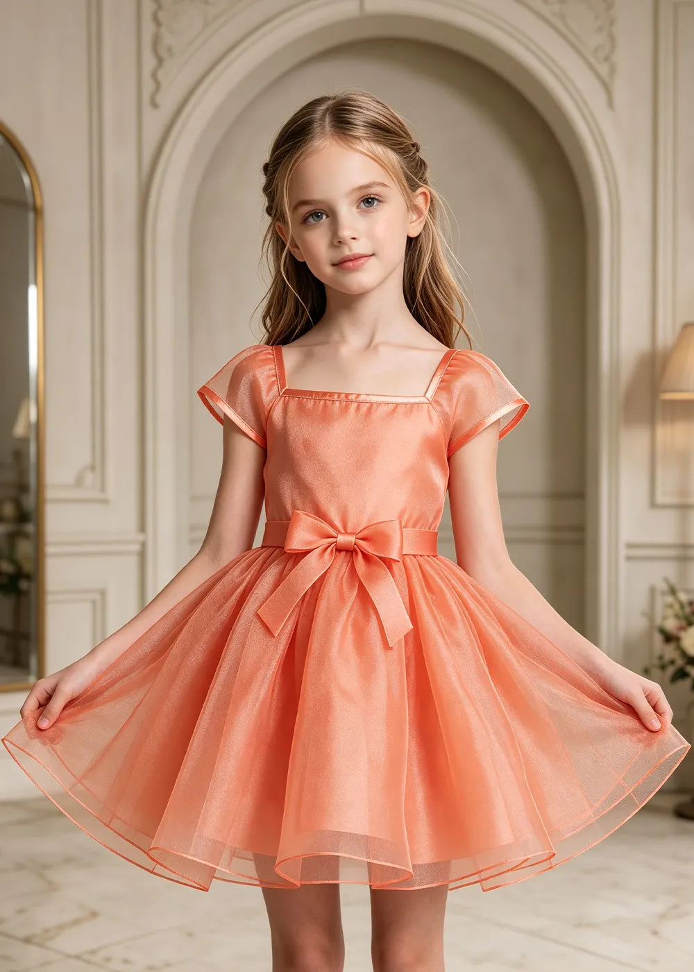 Square Neck Bow Waist Satin Party Dress for Girls