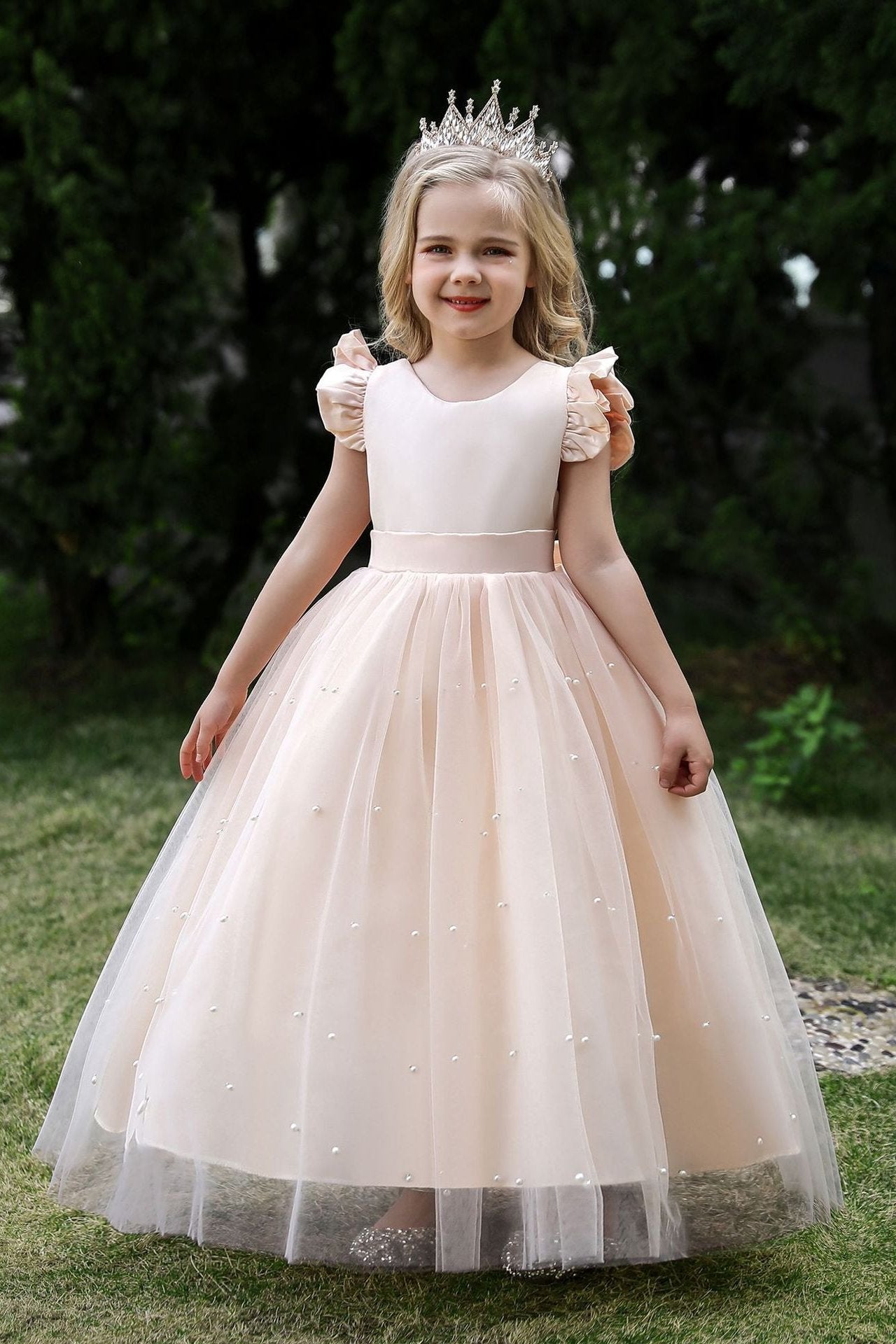 Satin Girl Dress with Pearl Tulle Cape Flower Girl Dresses for Wedding
