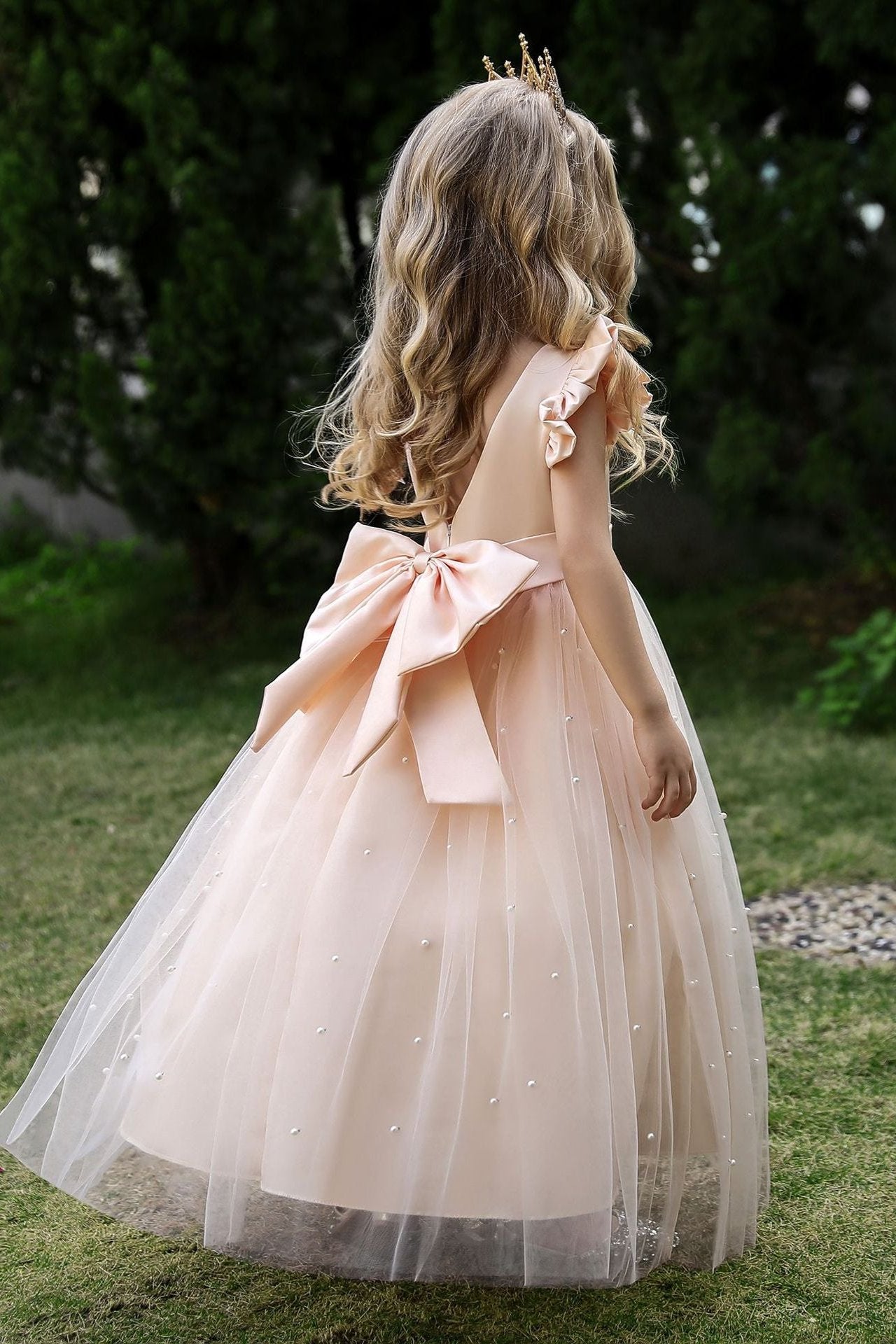 Satin Girl Dress with Pearl Tulle Cape Flower Girl Dresses for Wedding