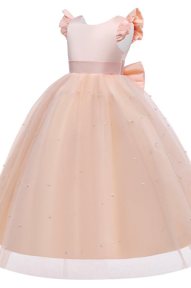 Satin Girl Dress with Pearl Tulle Cape Flower Girl Dresses for Wedding