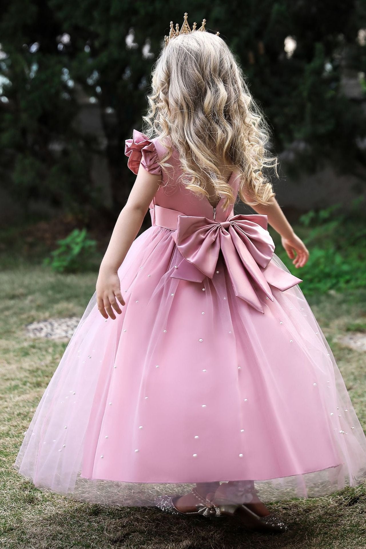 Satin Girl Dress with Pearl Tulle Cape Flower Girl Dresses for Wedding