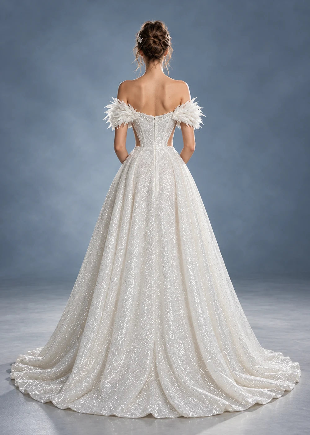 White Sequin Wedding Gown with Feather-Like Shoulder Trim and Slit