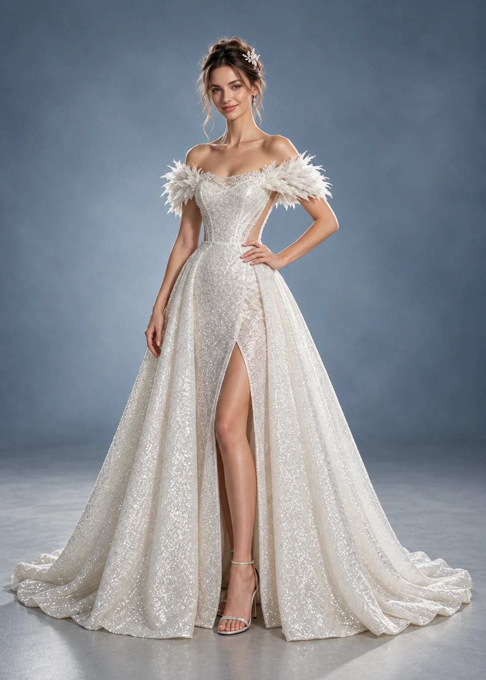 White Sequin Wedding Gown with Feather-Like Shoulder Trim and Slit