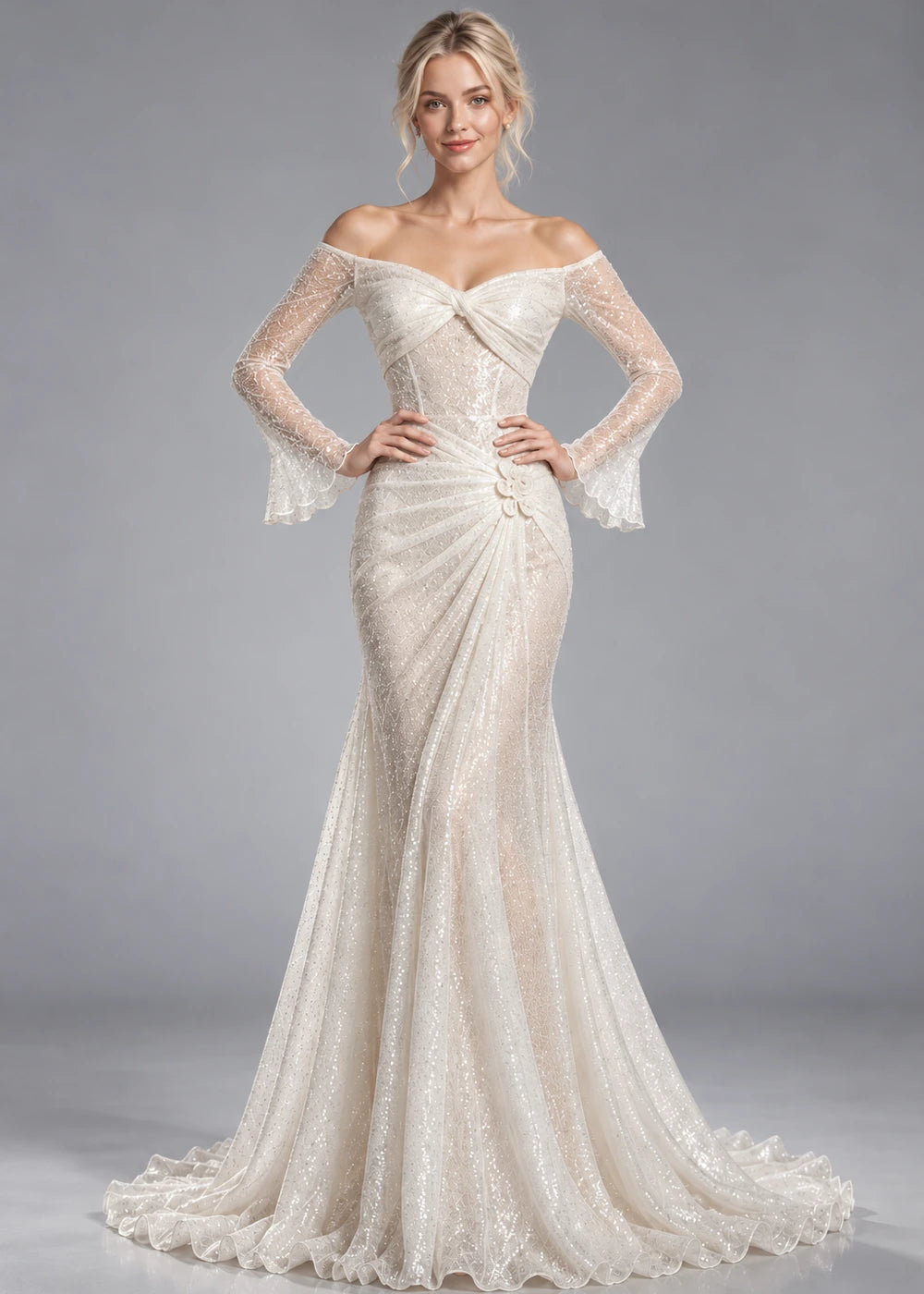 White Off-Shoulder Ruched Sequin Evening Dress with Flared Cuffs