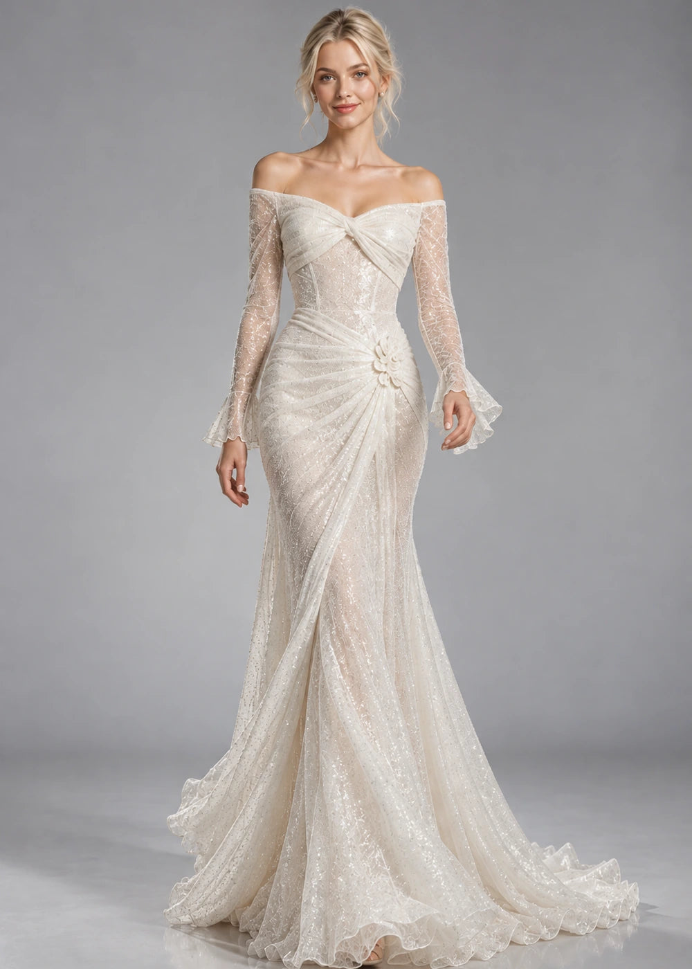White Off-Shoulder Ruched Sequin Evening Dress with Flared Cuffs