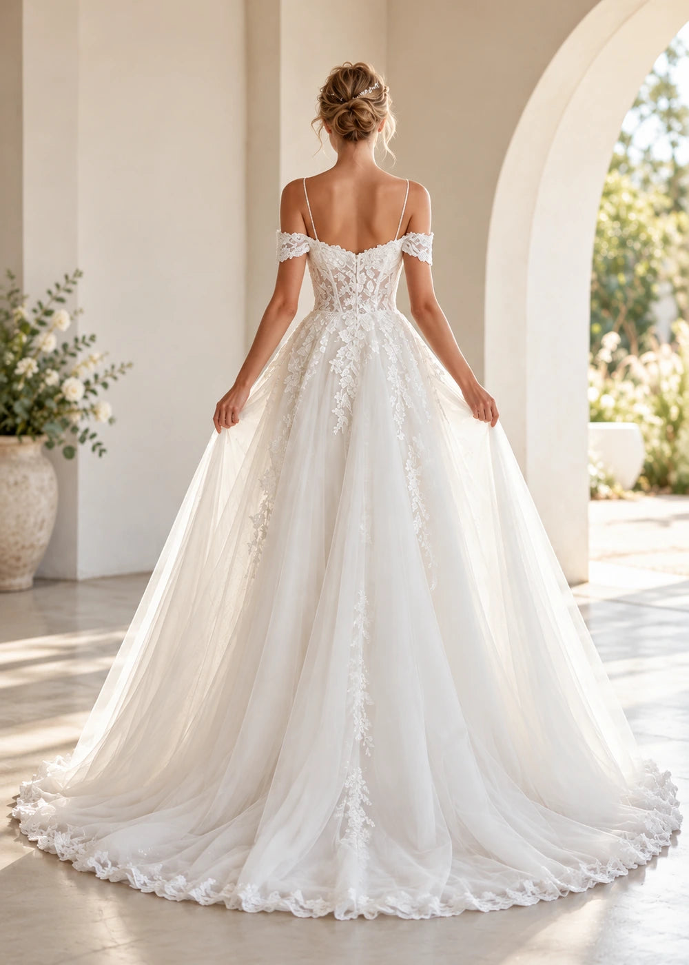 White Off-Shoulder Lace Wedding Dress with Full Tulle Skirt