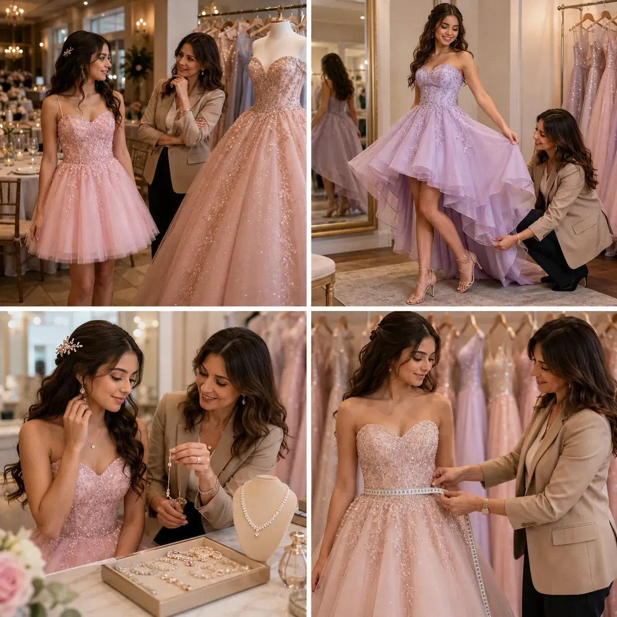 Teen girl and stylist compare dress styles, check movement, choose accessories and measure the fit of a Sweet 16 dress.