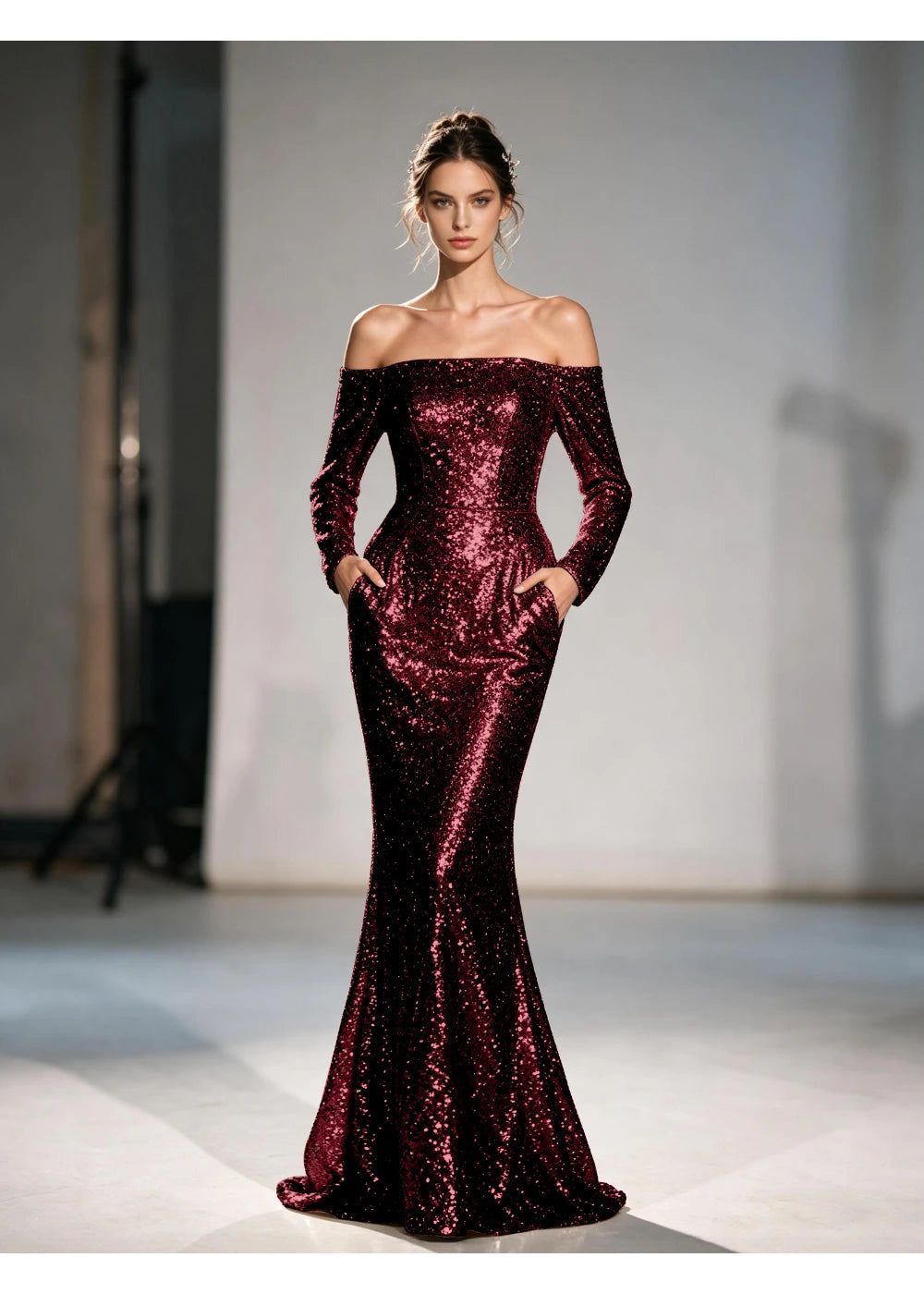 Front view of the burgundy sequin mermaid gown with the same formal silhouette