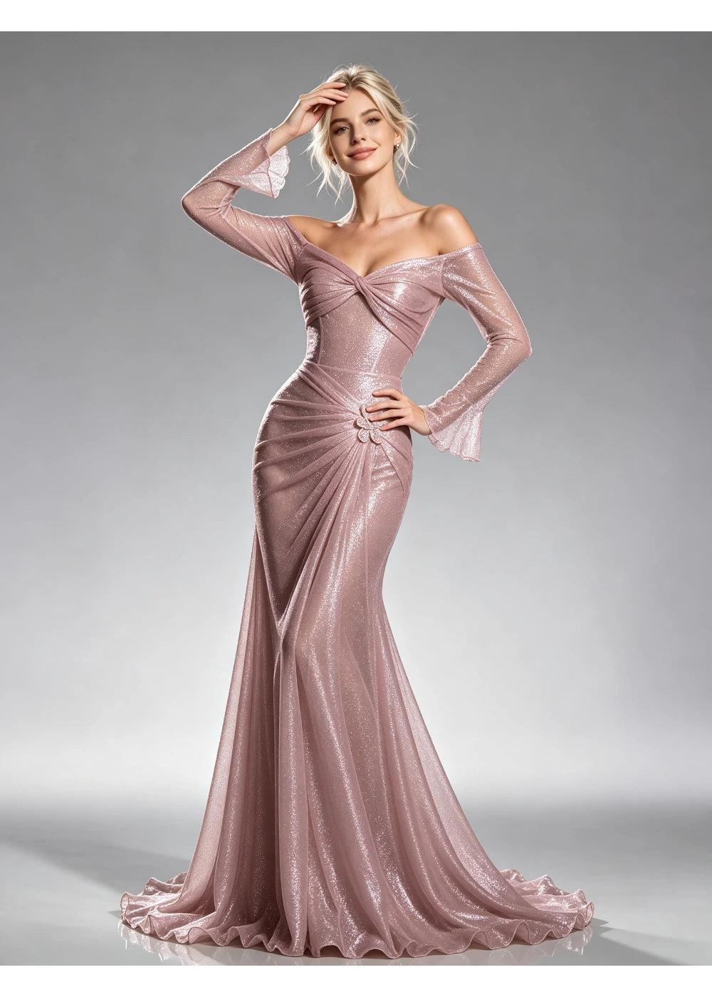 Front view of the dusty rose sequin ruched gown with the same formal silhouette