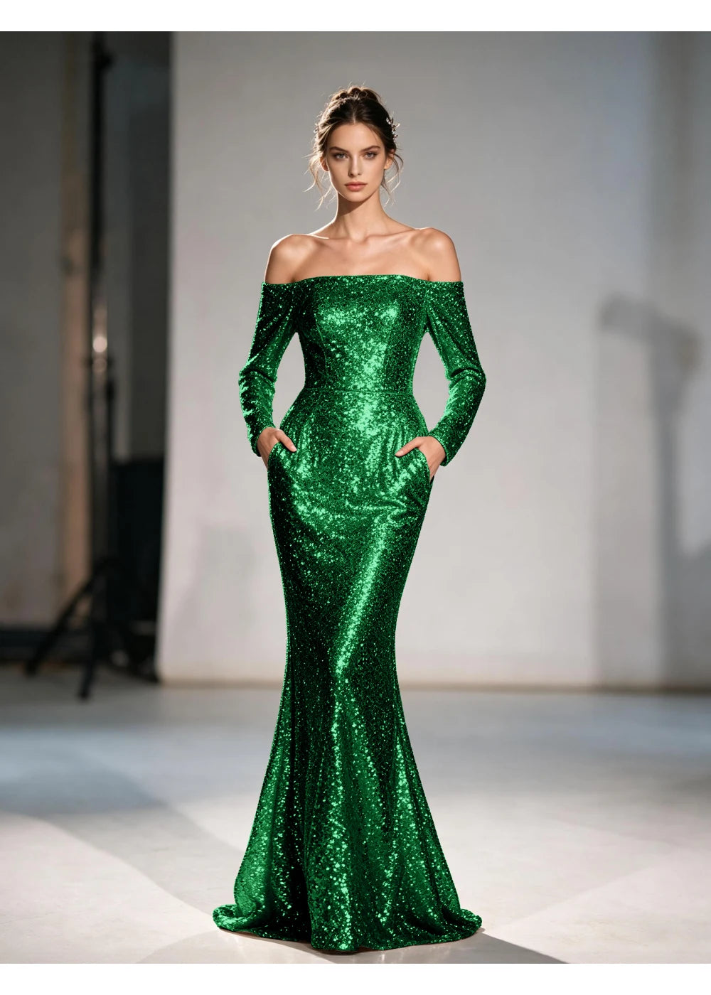 Front view of the emerald green sequin mermaid gown with the same formal silhouette