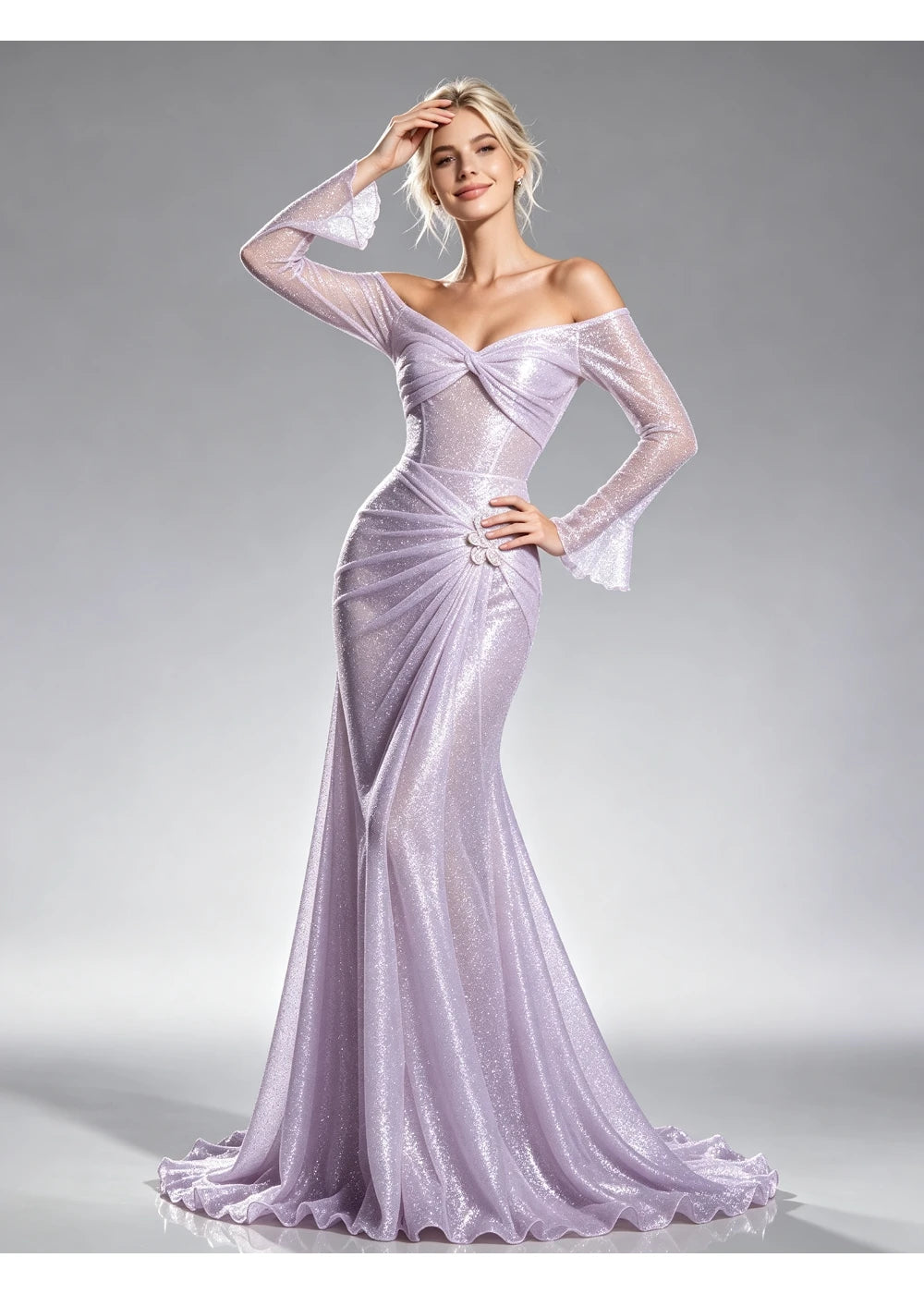 Front view of the lavender sequin ruched gown with the same formal silhouette