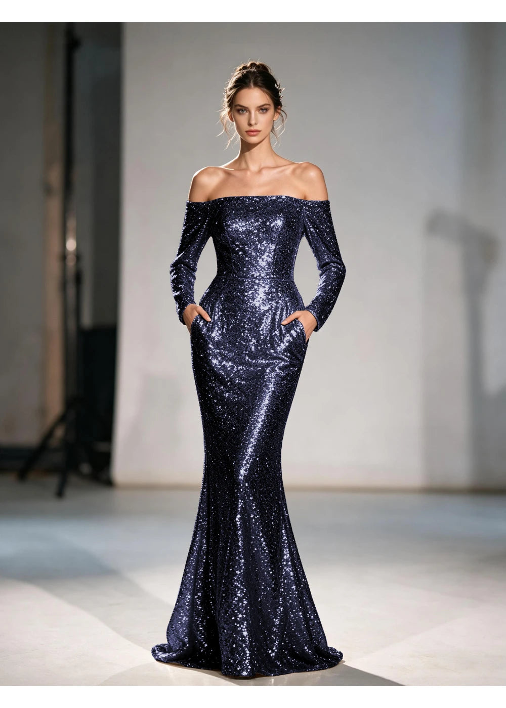 Front view of the navy blue sequin mermaid gown with the same formal silhouette