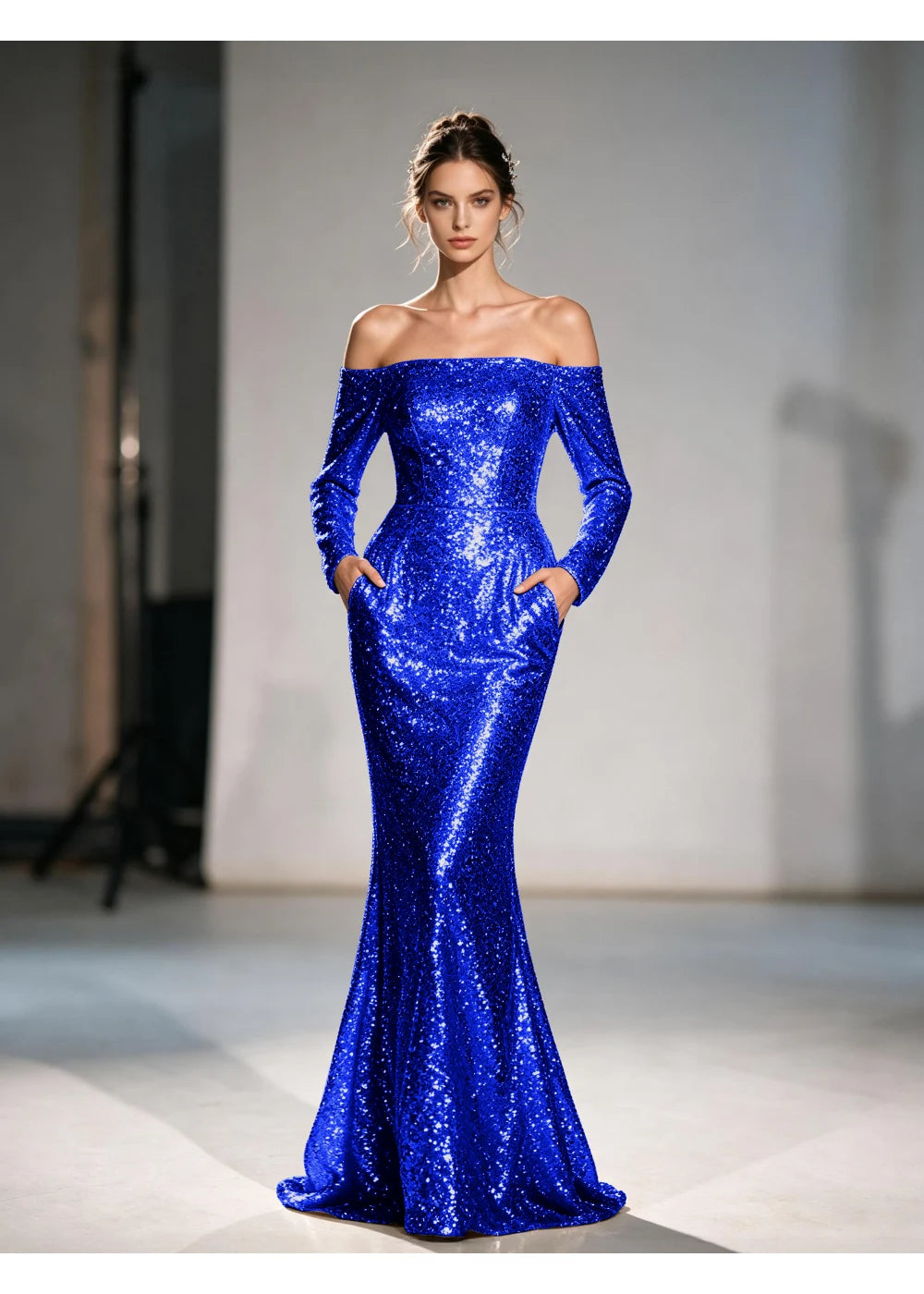 Front view of the royal blue sequin mermaid gown with the same formal silhouette