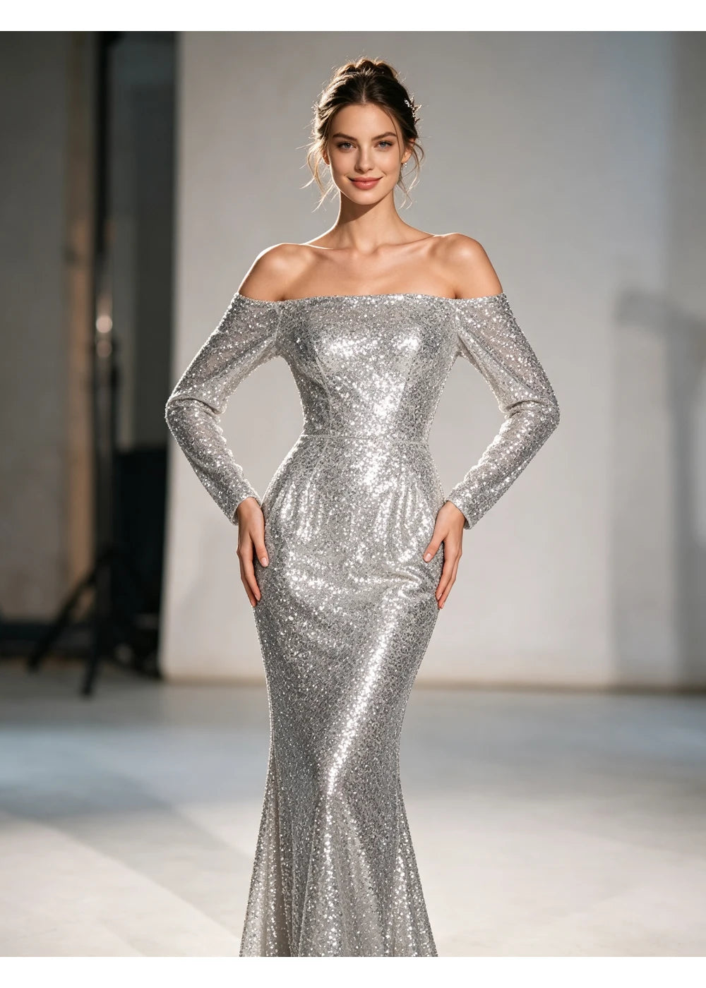 Three-quarter view of the silver off-shoulder bodice and long sequin sleeves