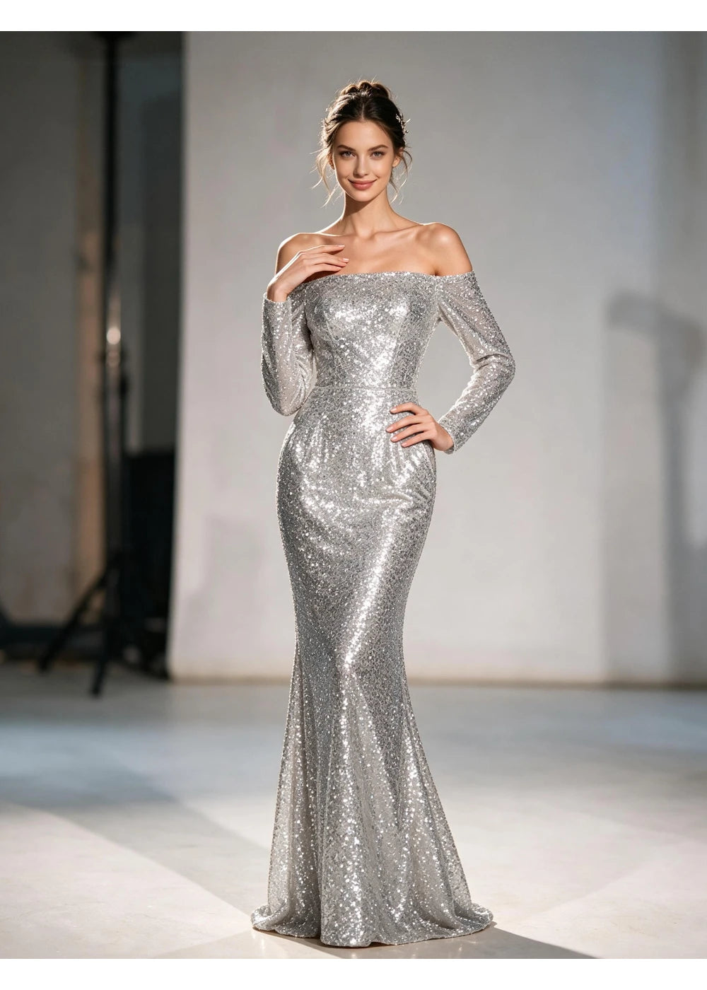 Front view of the silver mermaid evening gown with all-over sequins
