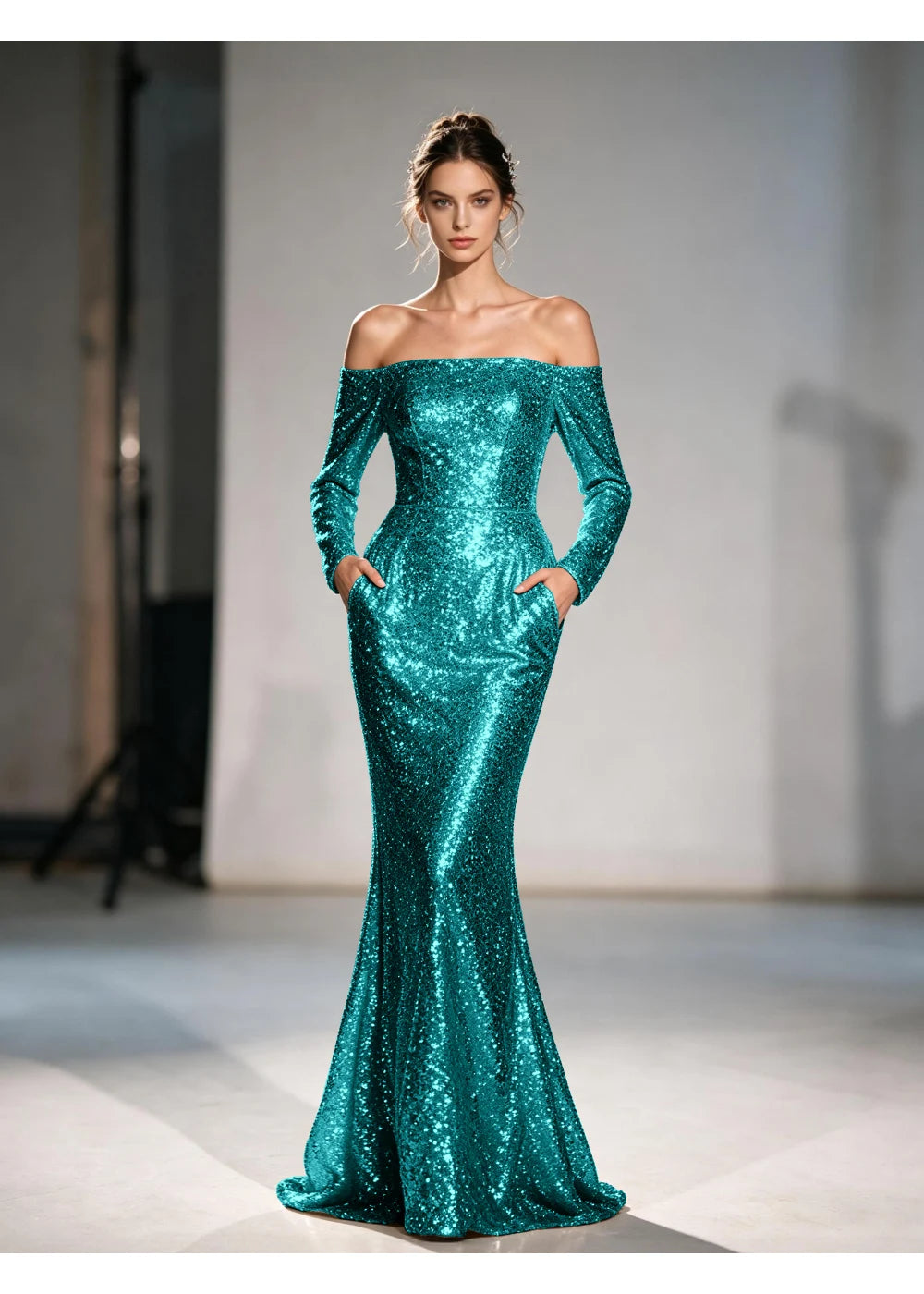 Front view of the teal sequin mermaid gown with the same formal silhouette