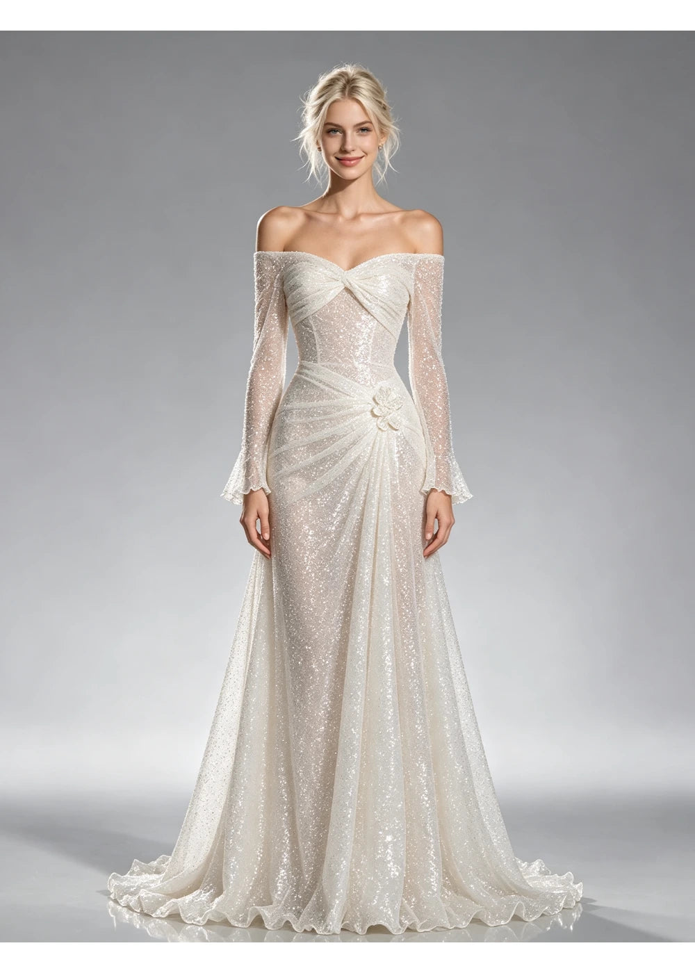 Full-length front view of the white sequin dress with gathers toward one hip