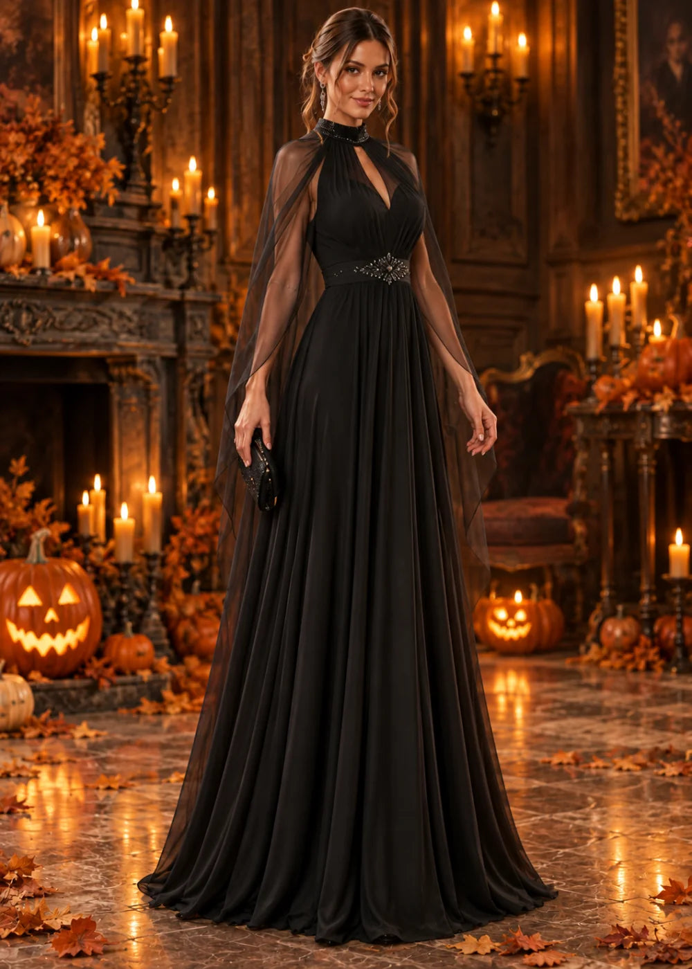 Three-quarter front view of the black gown with the high collar, long keyhole, sheer cape layer and gathered black skirt.