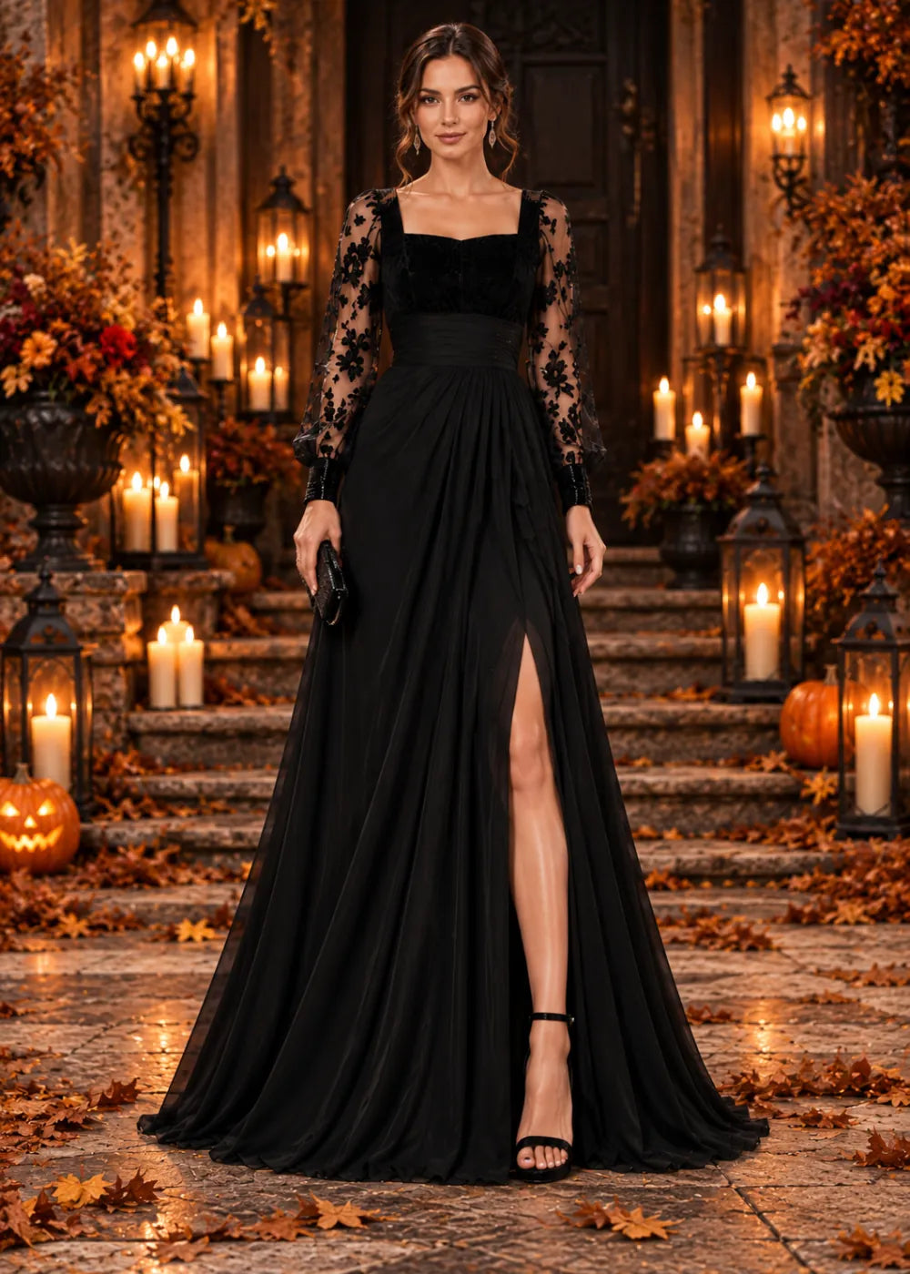 Front view of the black gown showing the black square neckline, floral sleeves, wide ruched waist and high slit.
