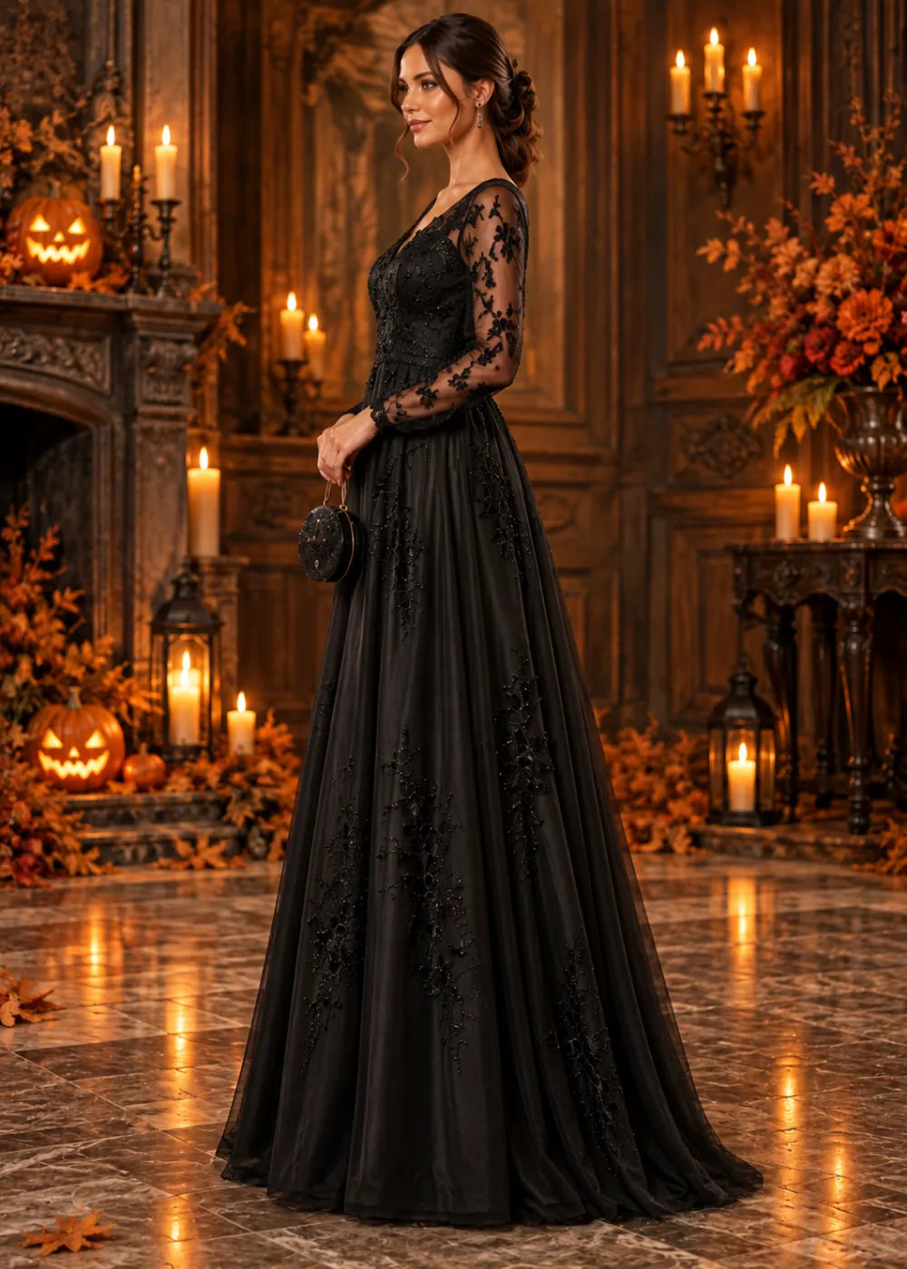 Side view of the black gown featuring the black V neckline, floral sleeves and spaced vine motifs on the A-line skirt.