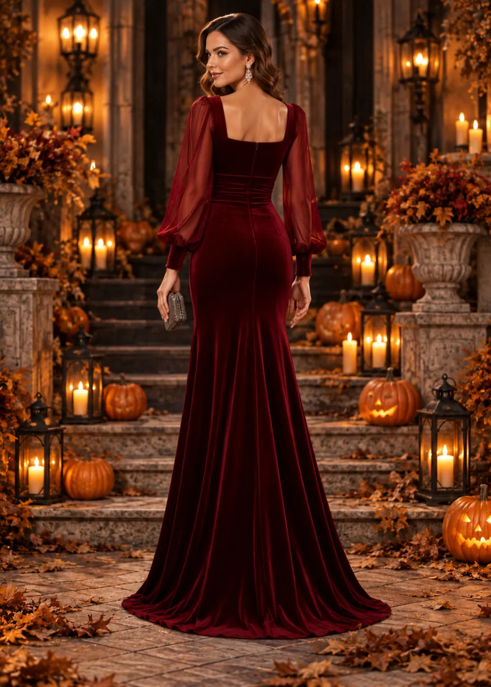 Back view of the burgundy gown showing its square back, horizontal ruching and long sheer sleeves.