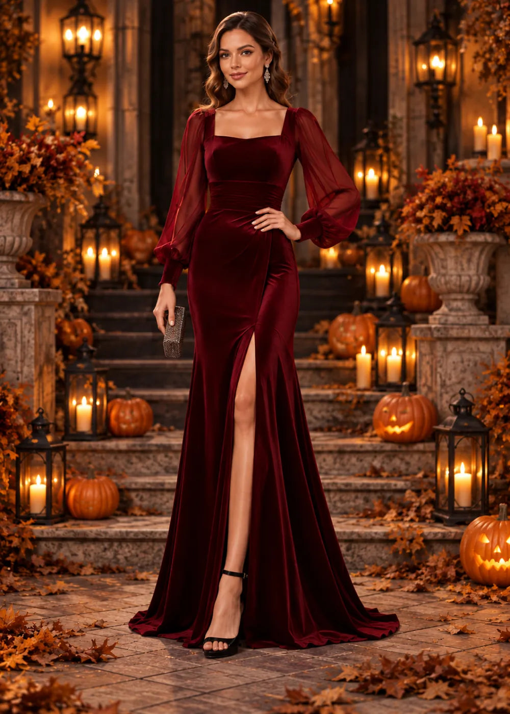 Front view of the burgundy gown showing the burgundy square neckline, billowing sheer sleeves and front-side slit.