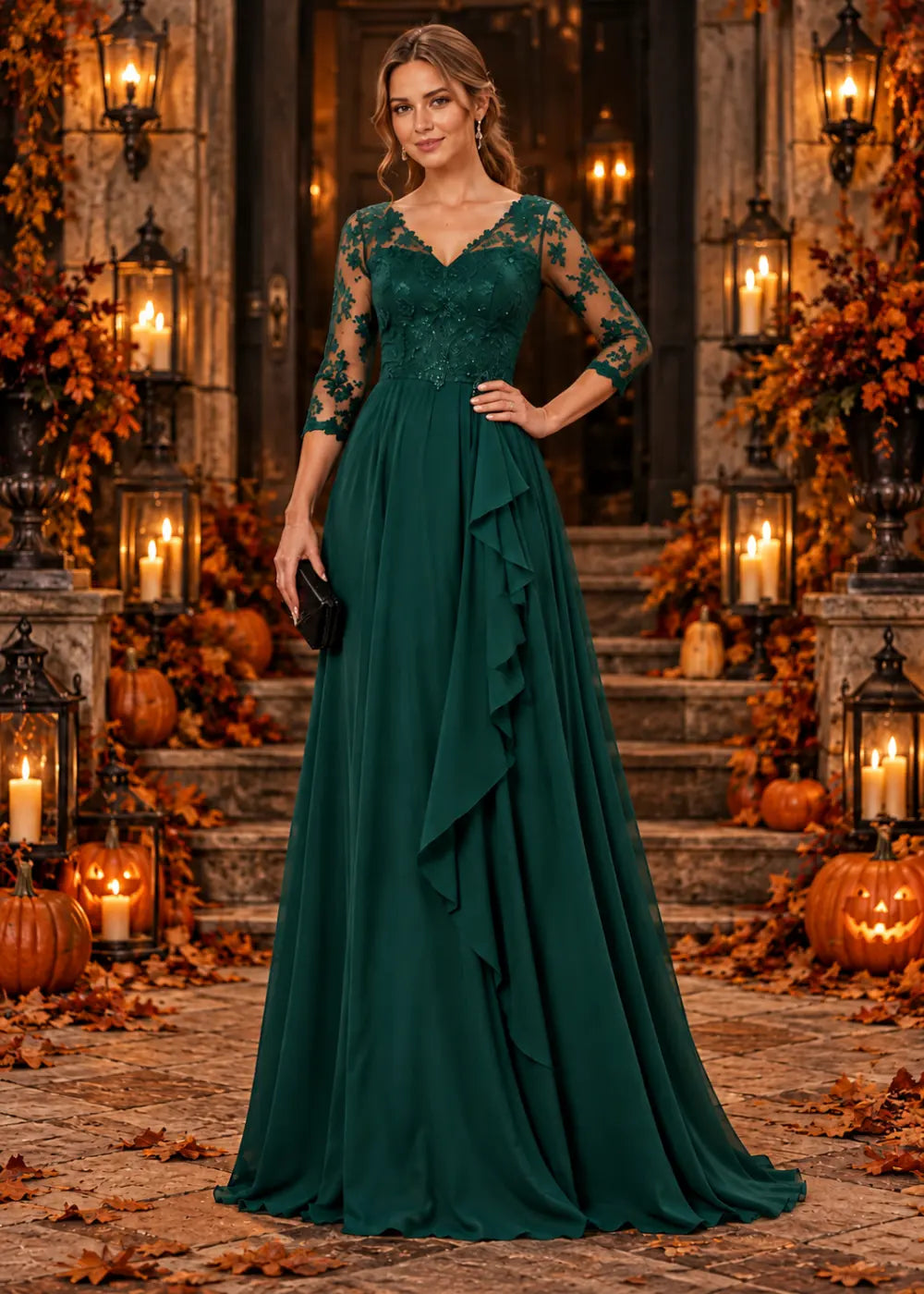 Front view of the deep green gown, showing the deep-green V-neck lace bodice, sheer three-quarter sleeves and cascading side ruffle.