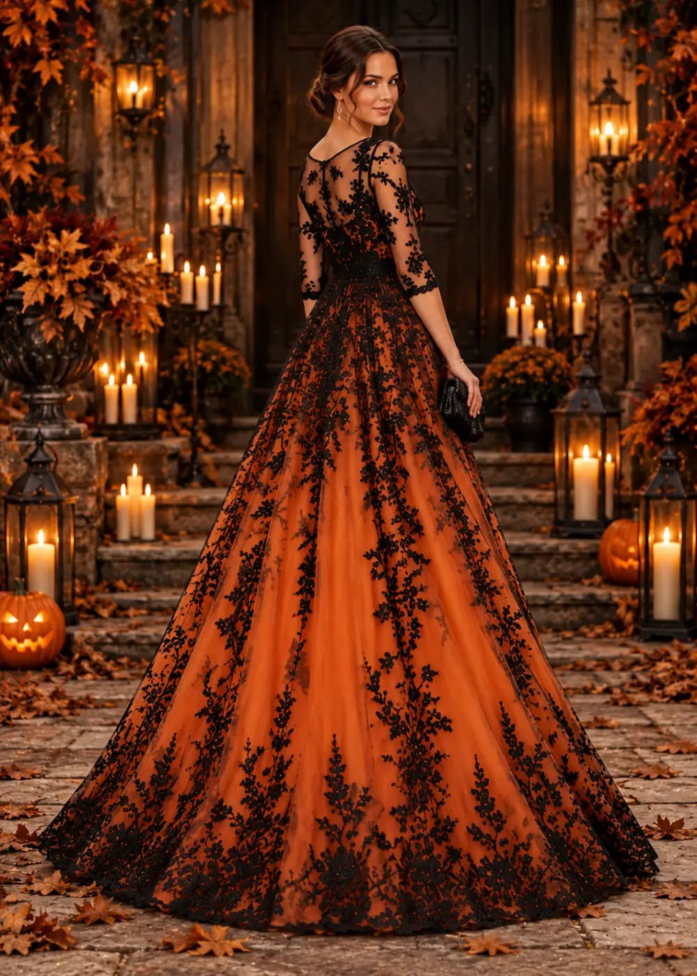 Three-quarter back view of the orange/black gown, showing the sheer floral-lace upper back over orange lining and a black scalloped skirt.