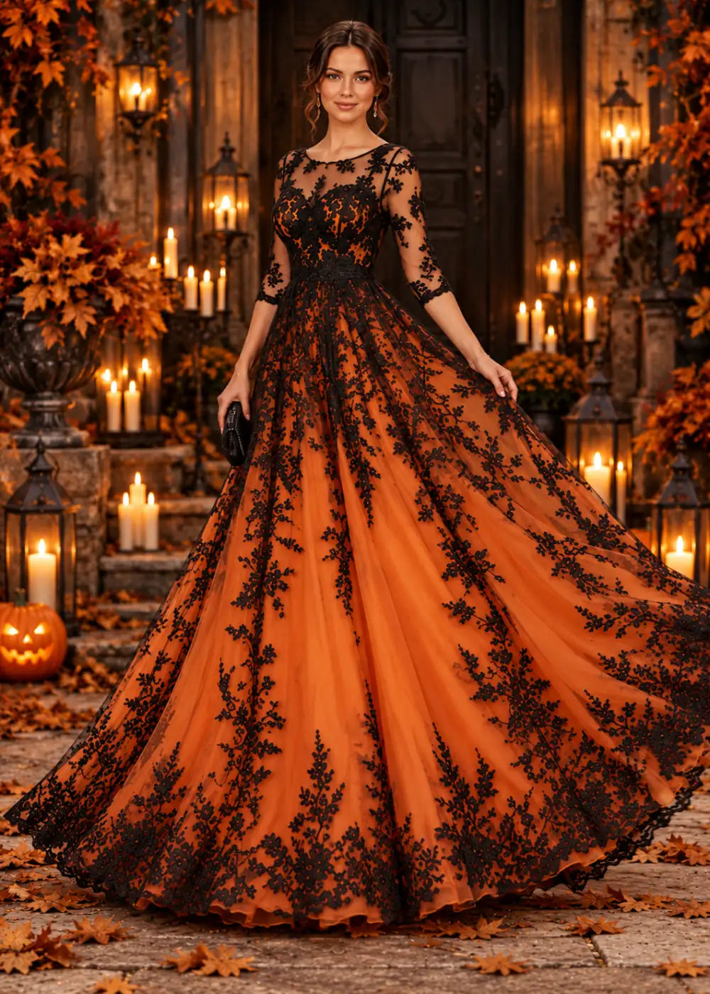 Front view of the orange/black gown with its skirt in motion; an allover orange-and-black floral-lace overlay, sheer three-quarter sleeves and a scalloped floor-length hem.