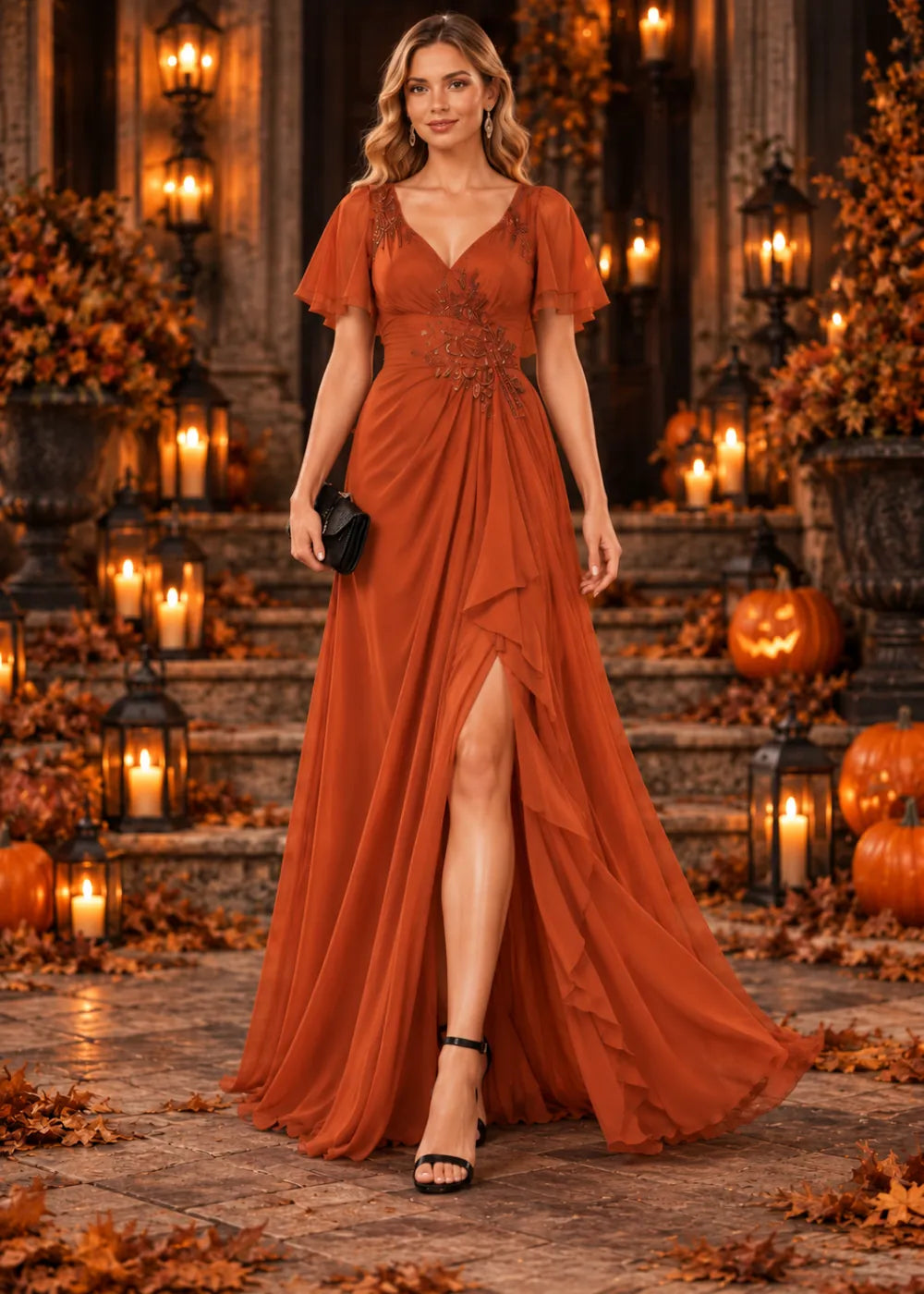 Front view of the rust orange gown with its skirt in motion; the rust-orange V neckline, flutter sleeves, diagonal bodice decoration and side ruffle.