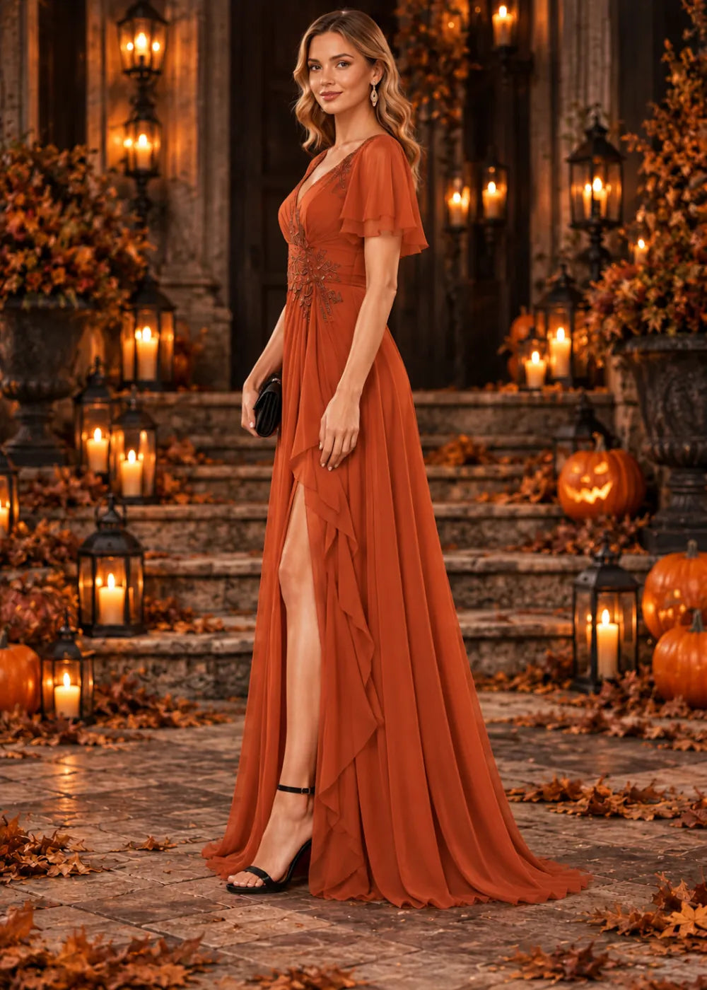 Front view of the rust orange gown, showing the rust-orange V neckline, flutter sleeves, diagonal bodice decoration and side ruffle.