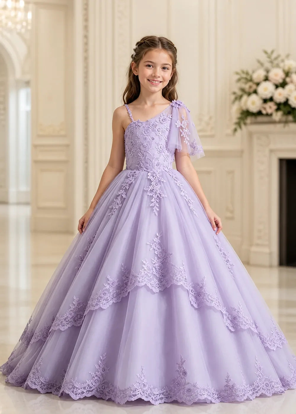 One-Shoulder Floral Lace Flower Girl Ball Gown Dress