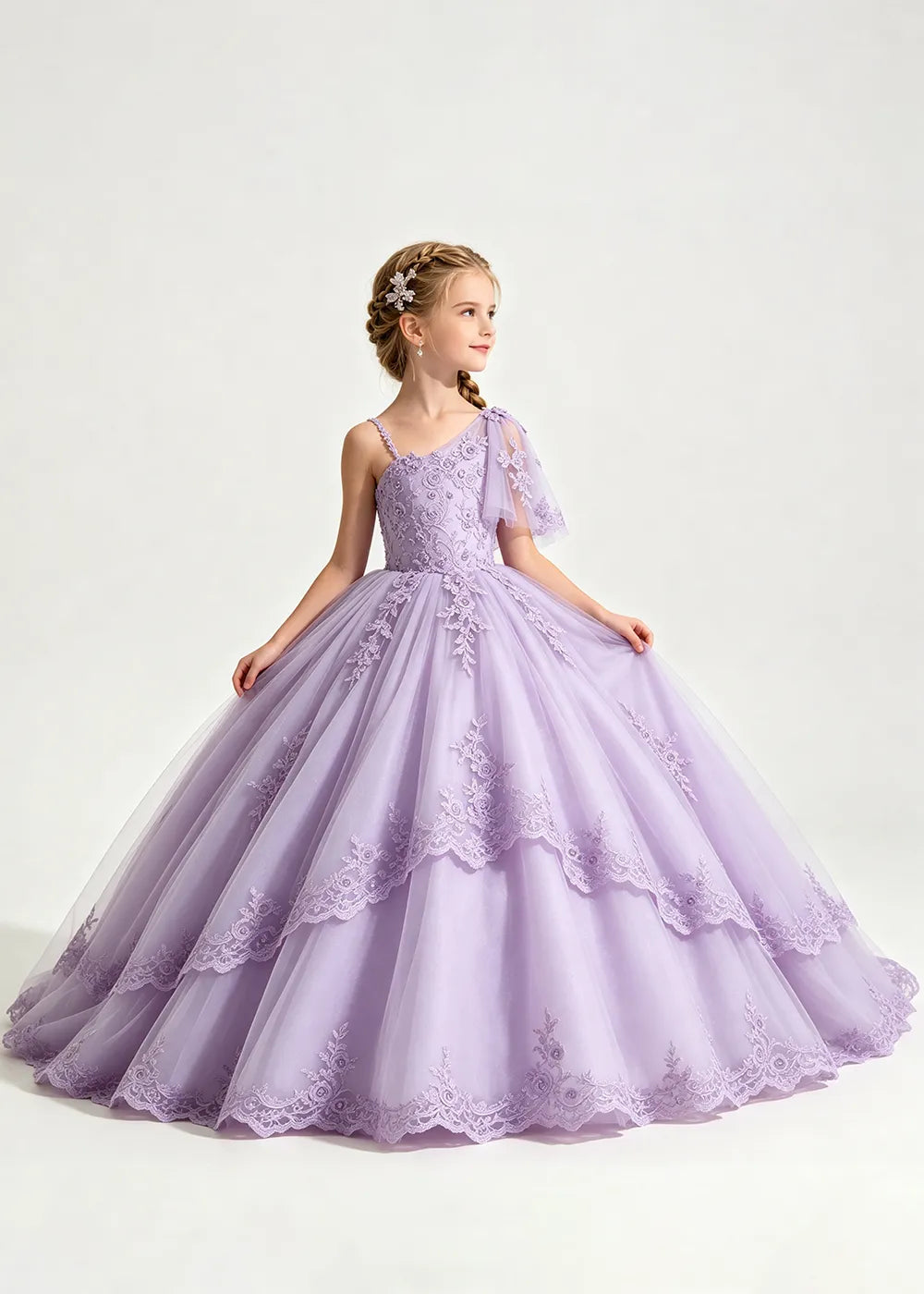 One-Shoulder Floral Lace Flower Girl Ball Gown Dress