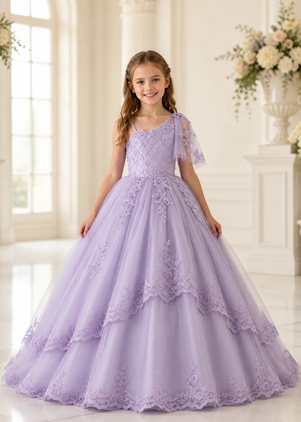 One-Shoulder Floral Lace Flower Girl Ball Gown Dress