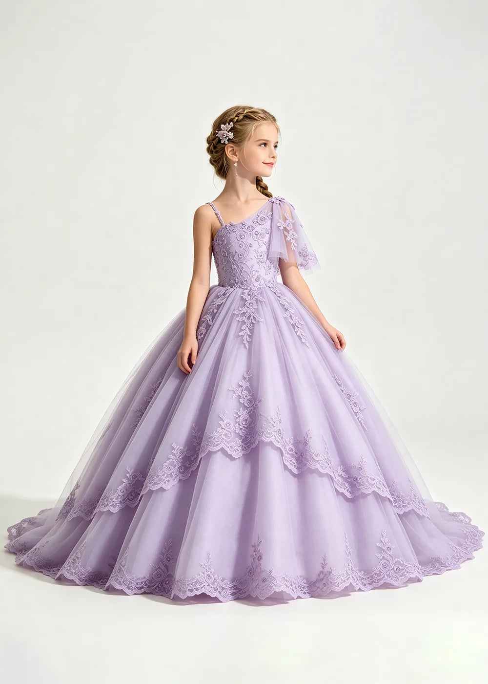 One-Shoulder Floral Lace Flower Girl Ball Gown Dress