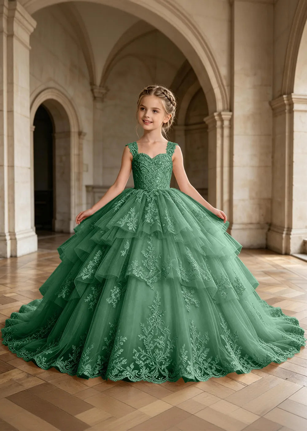Tiered Lace Sleeveless Flower Girl Ball Gown Dress