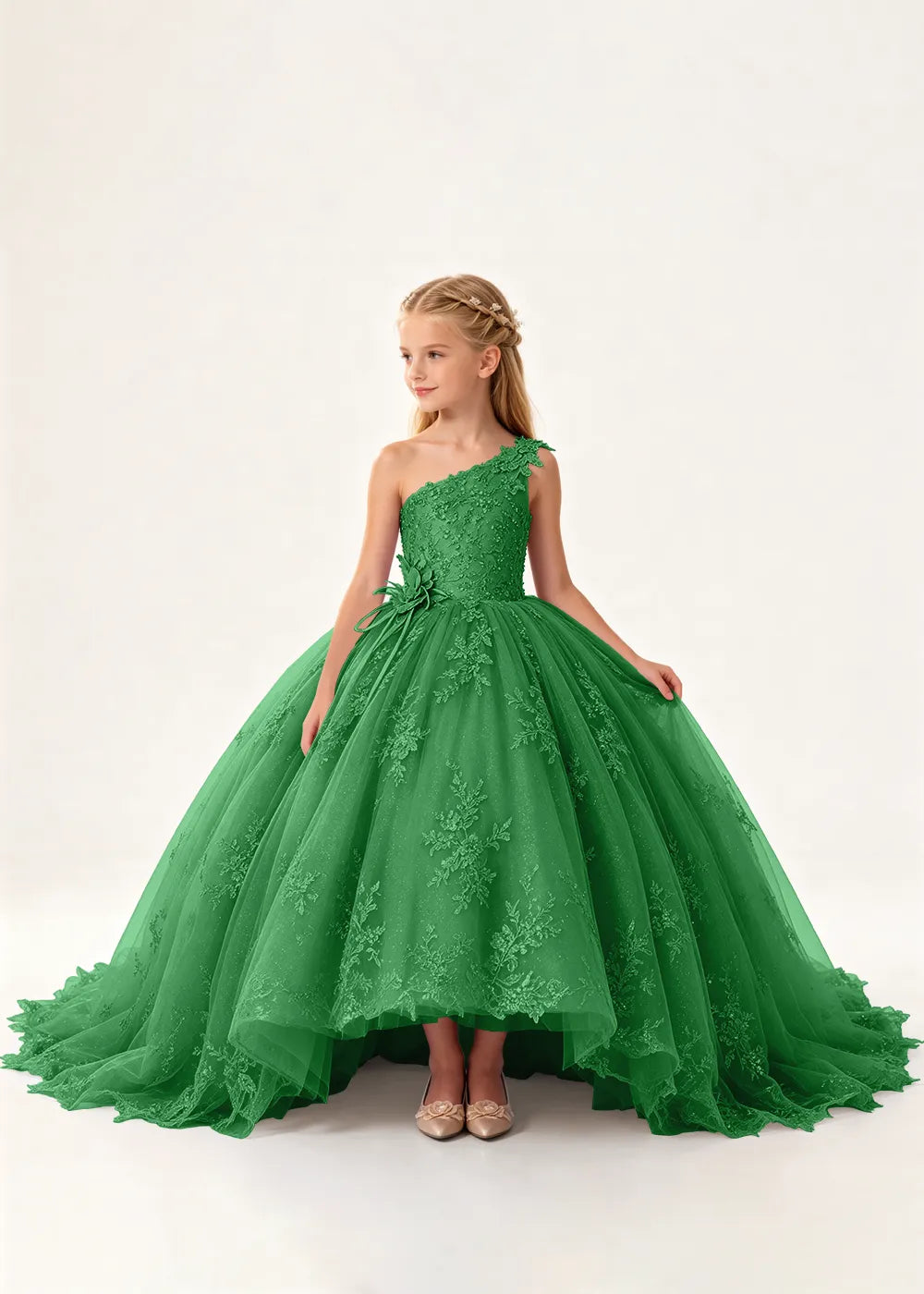 One-Shoulder High-Low Lace Flower Girl Ball Gown Dress