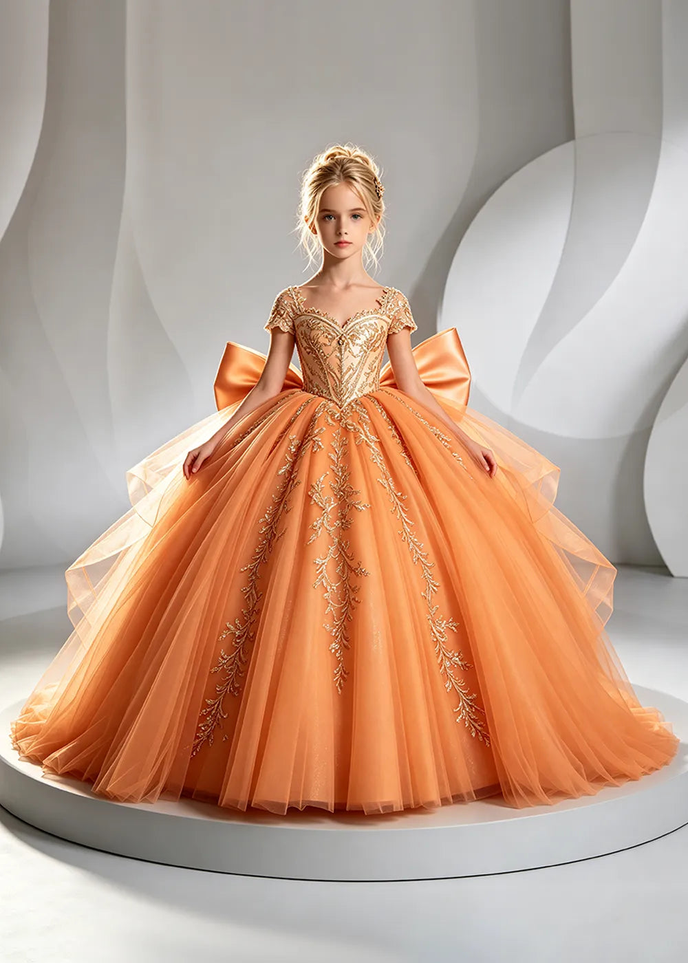 Cap Sleeve Sequin Bodice Flower Girl Dress with Bow and Gold Embroidery