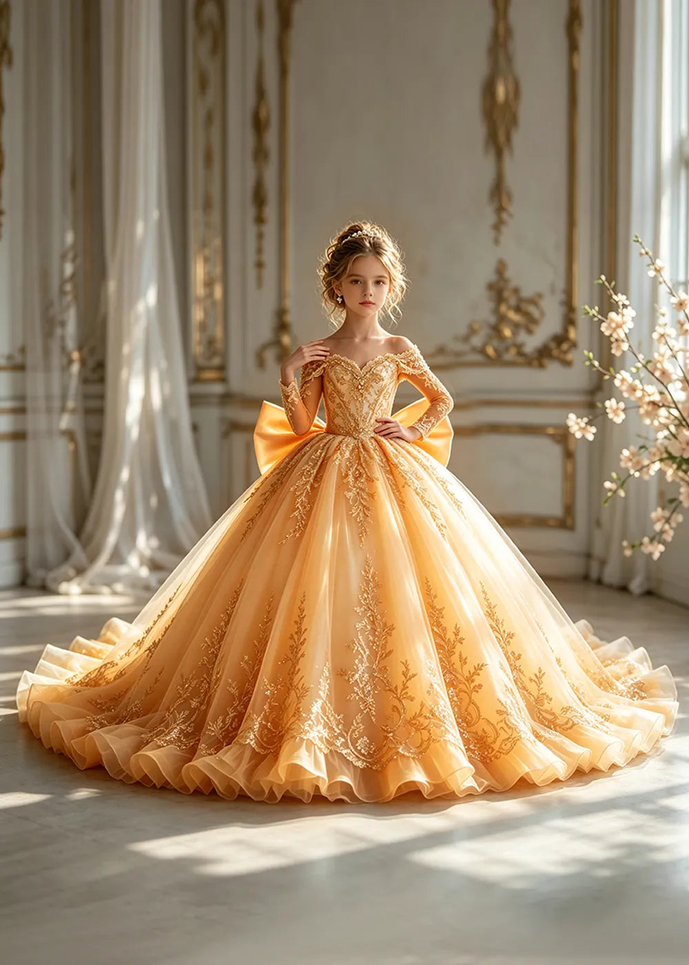Off-Shoulder Sequin Lace Flower Girl Dress with Bow and Flounced Hem