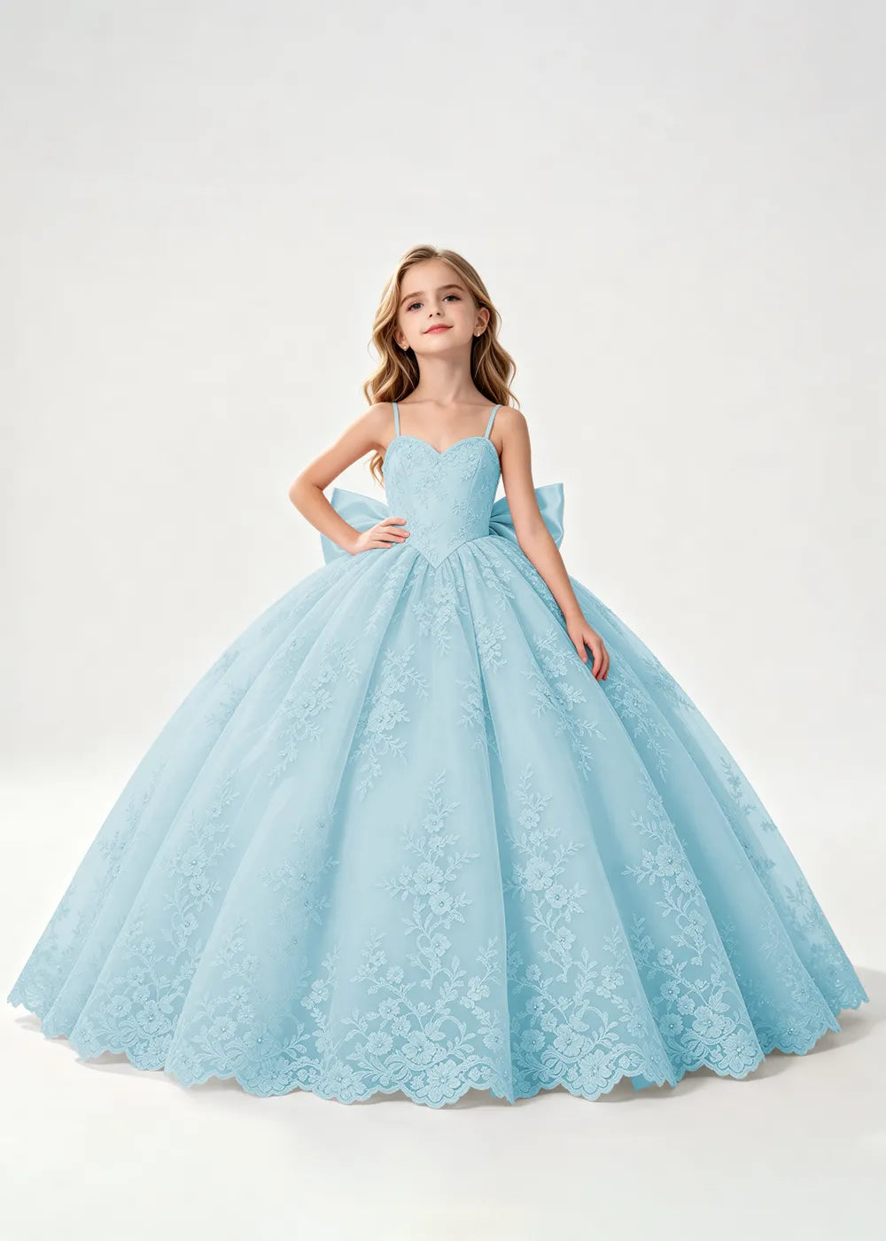 Flower girl dress in Aqua Blue, front view.