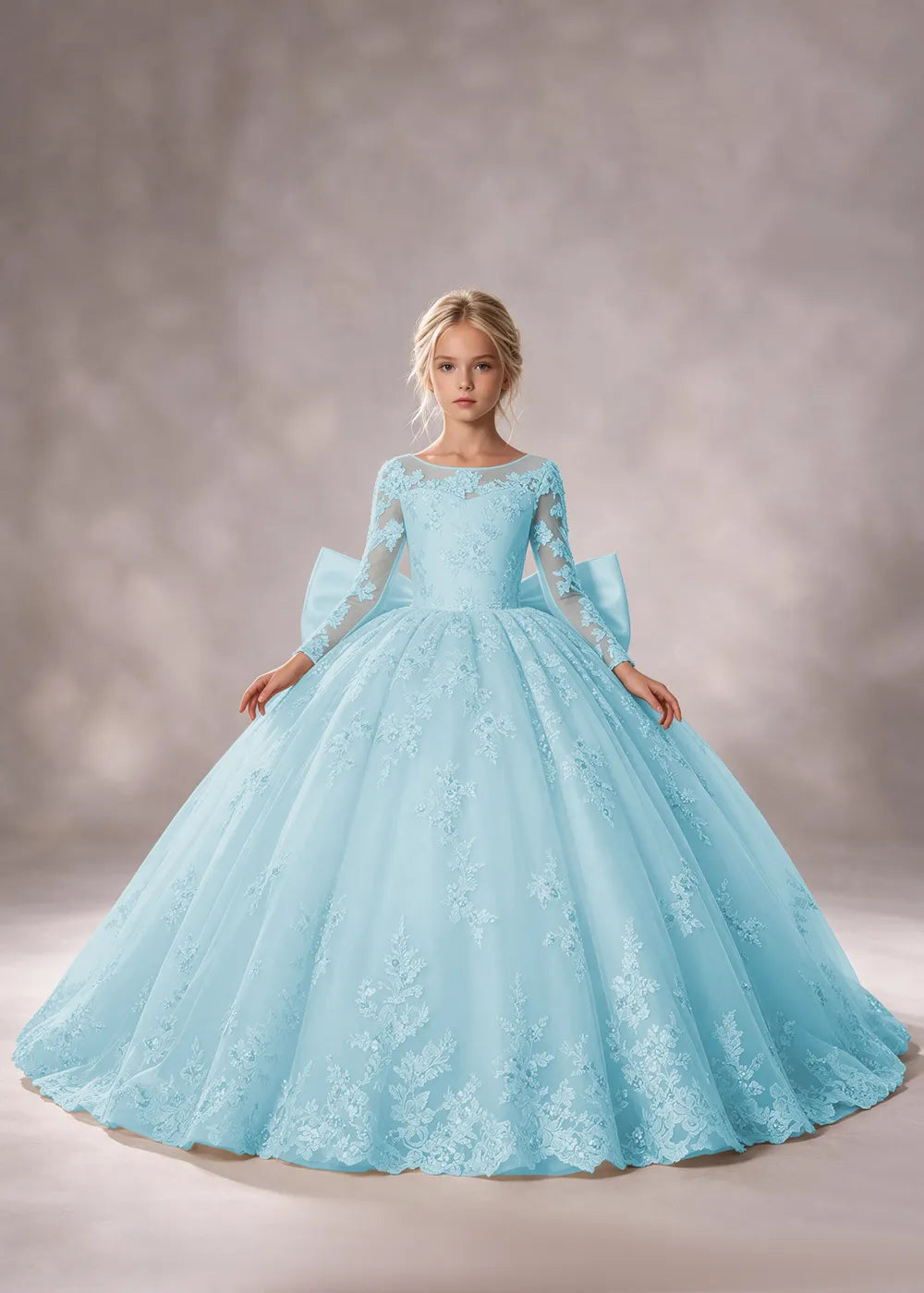 Flower girl dress in Aqua Blue, front view.
