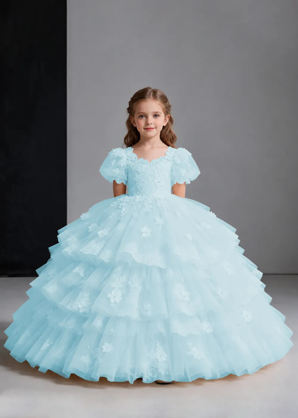 Flower girl dress in Aqua Blue, front view.