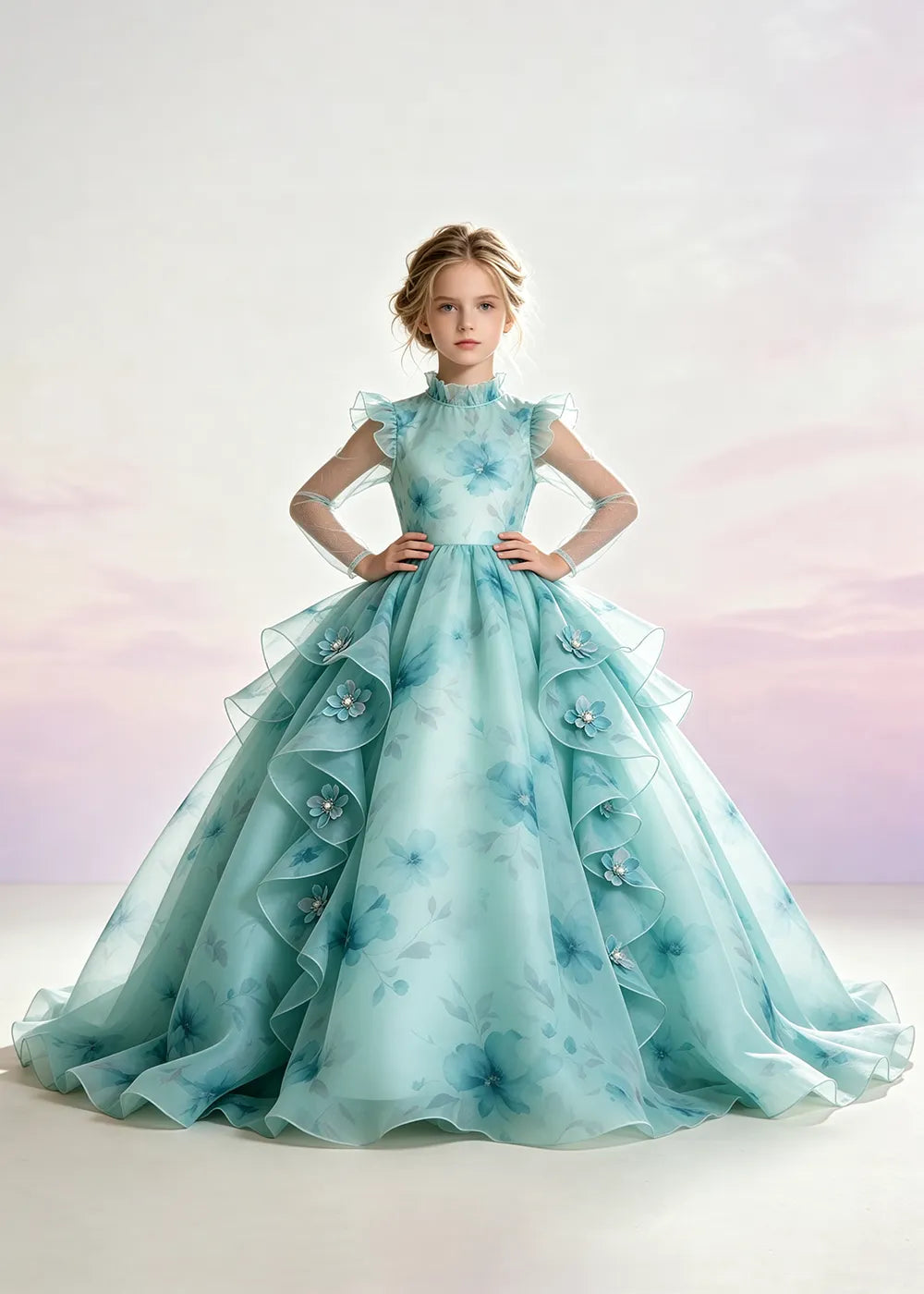 Blush Pink Floral Ruffle-Collar Flower Girl Dress