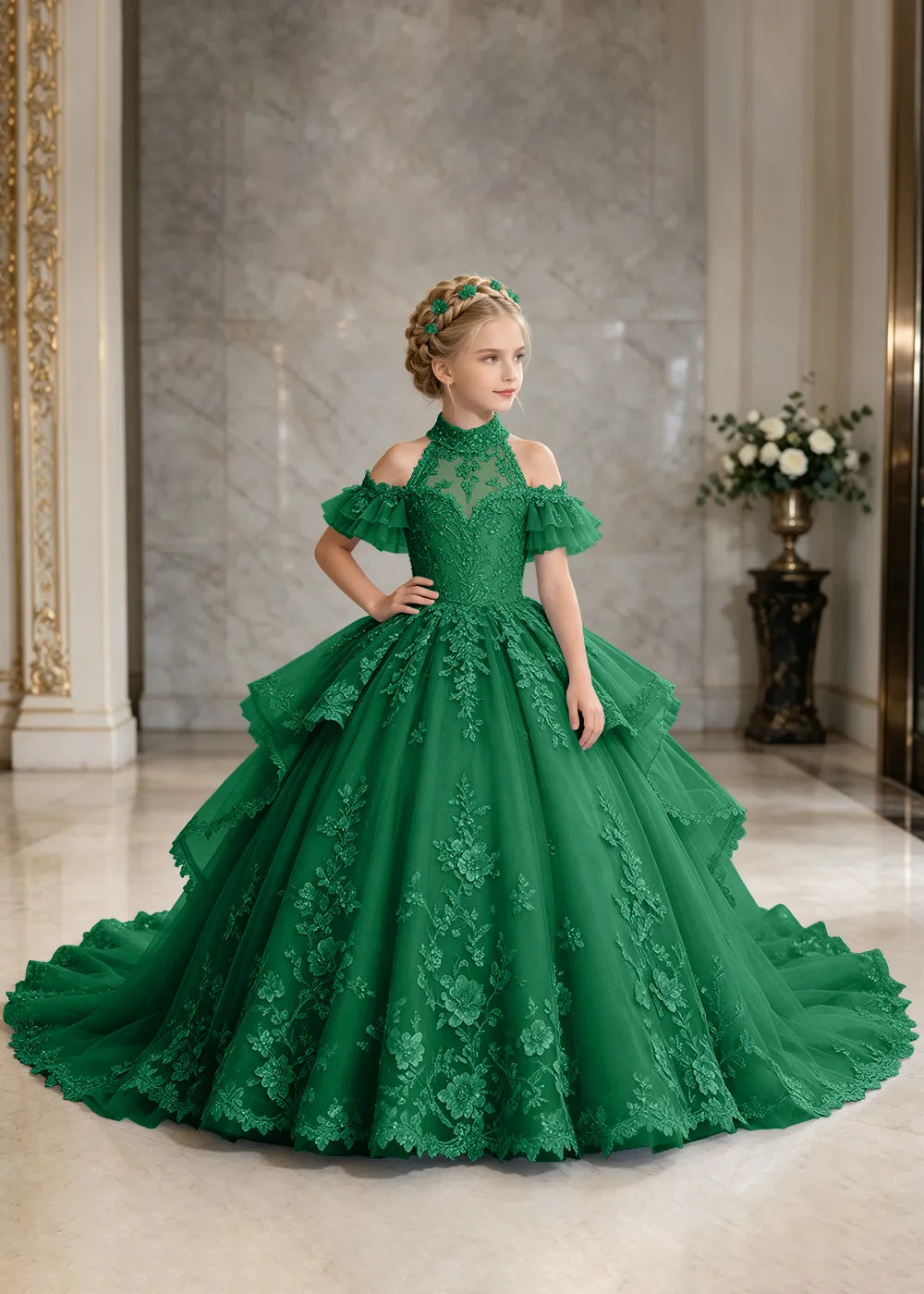 Illusion Neck Peplum Lace Flower Girl Ball Gown Dress
